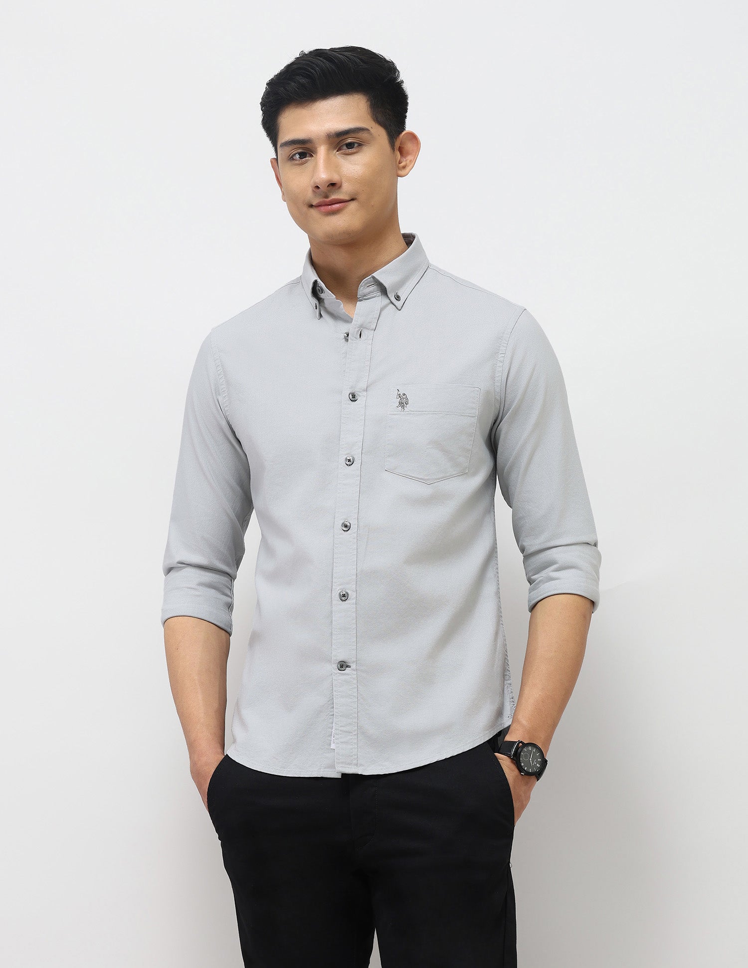 Tailored Fit Oxford Button Down Shirt Light Grey - U.S. Polo Assn. India | Large