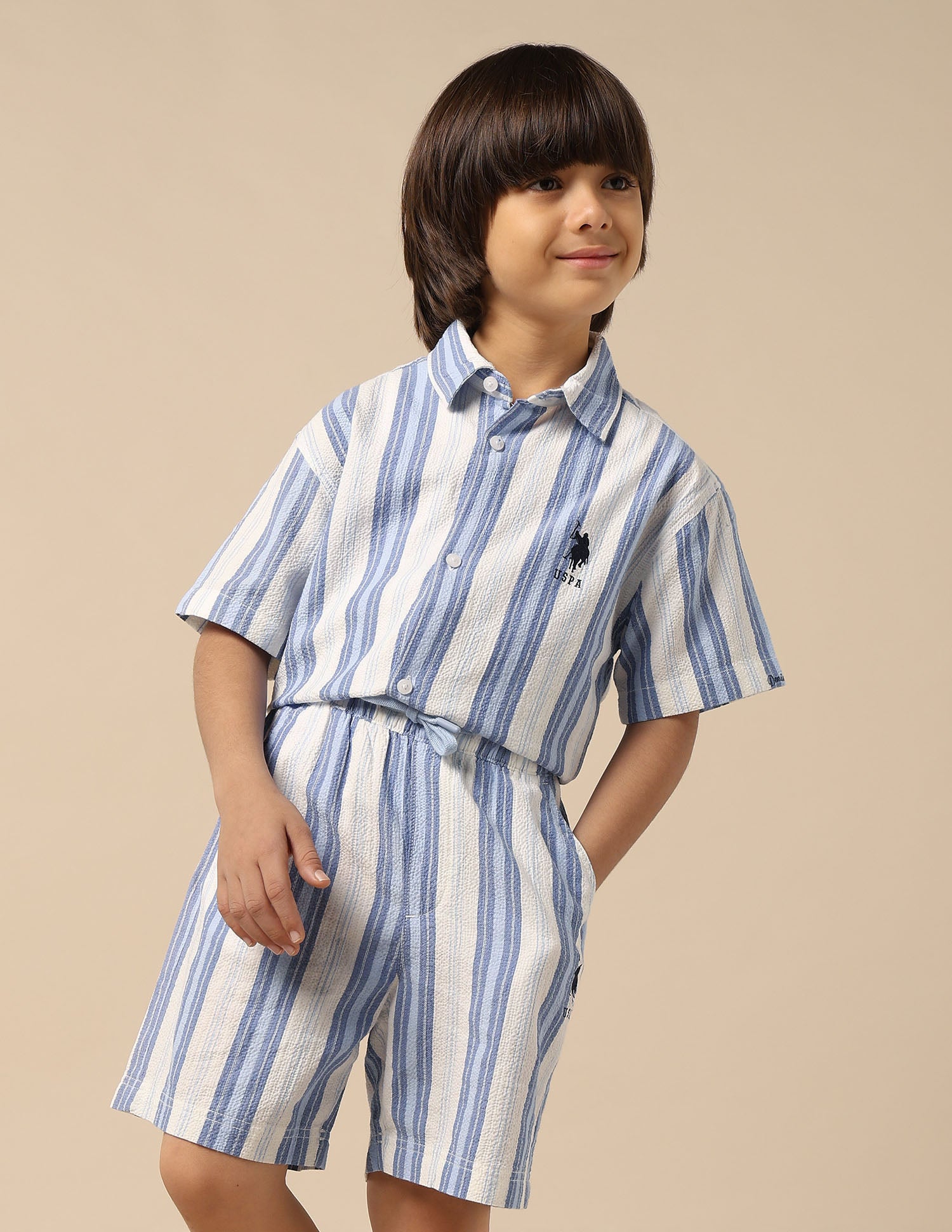 Boys Vertical Striped Seersucker Shirt Blue - U.S. Polo Assn. India | Large