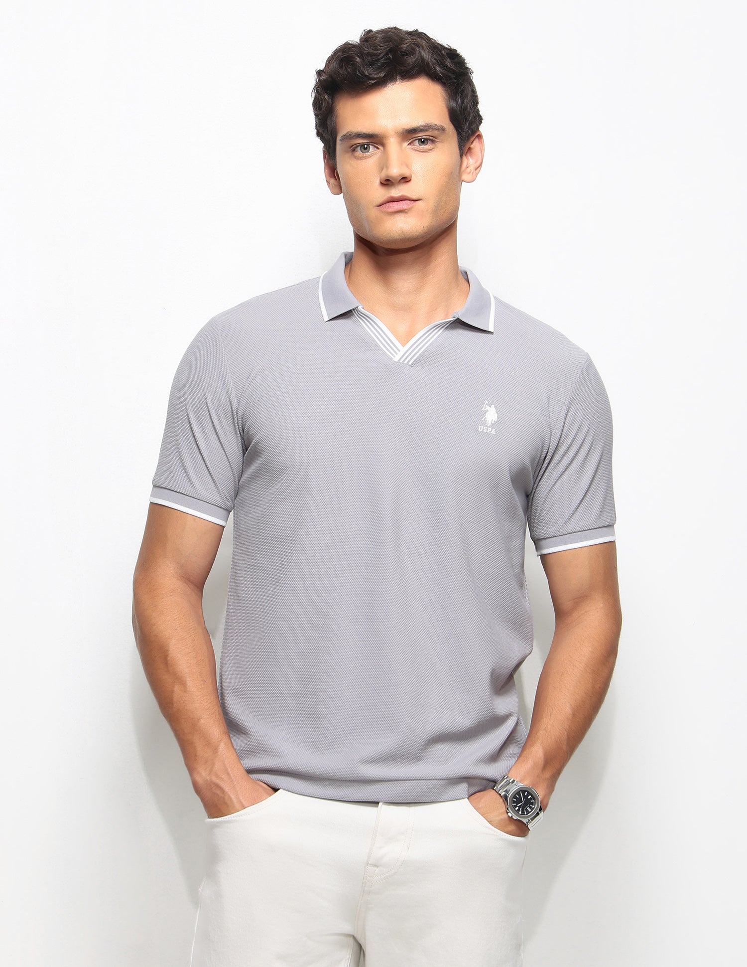 Textured Slim Fit Polo Shirt Light Grey - U.S. Polo Assn. India | Large