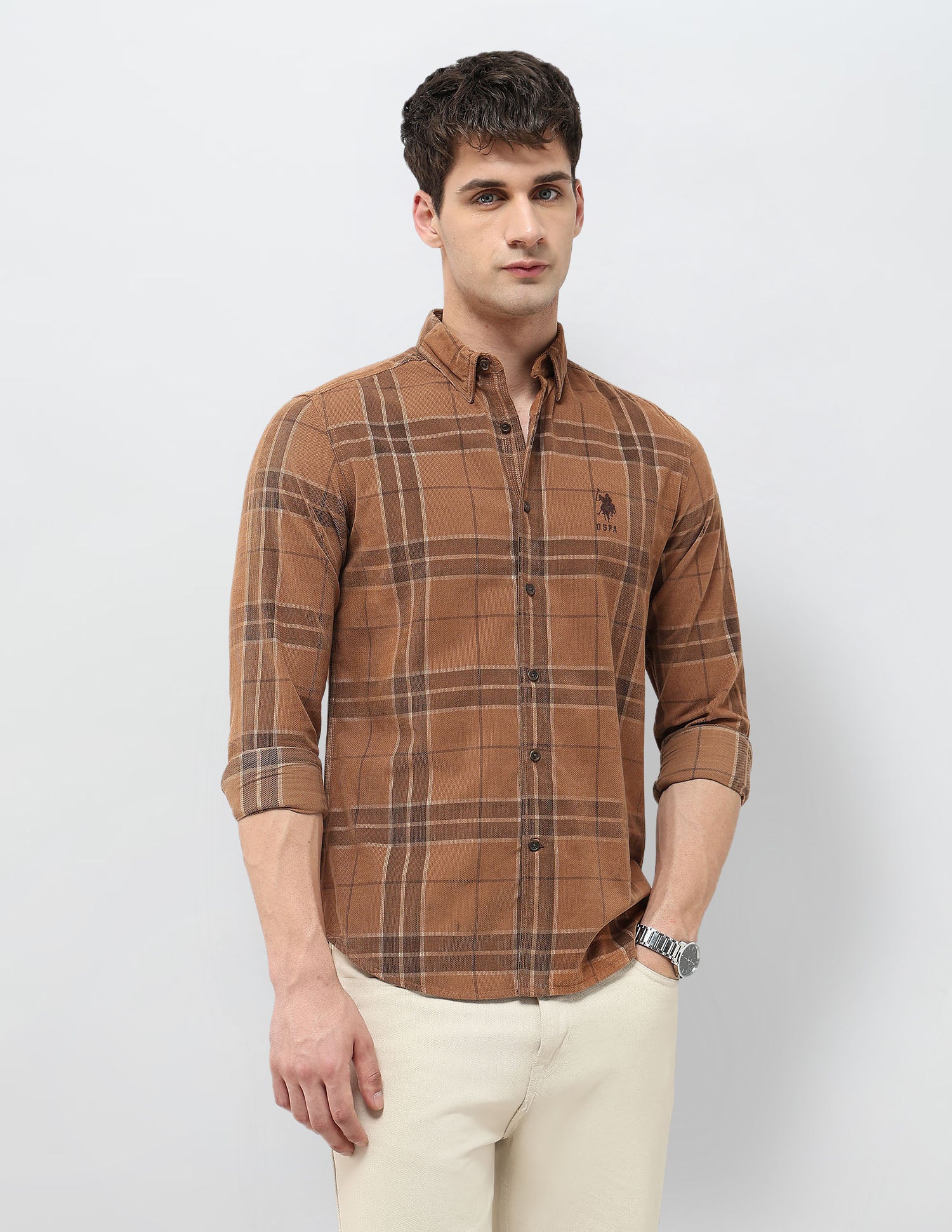 Tartan Checked Corduroy Shirt Light Brown - U.S. POLO ASSN. | Large