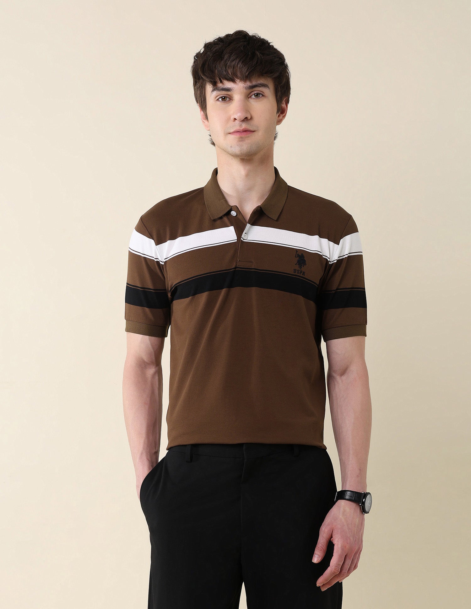 Horizontal Striped Modern Monochrome Polo Shirt Brown - U.S. Polo Assn. India | Large