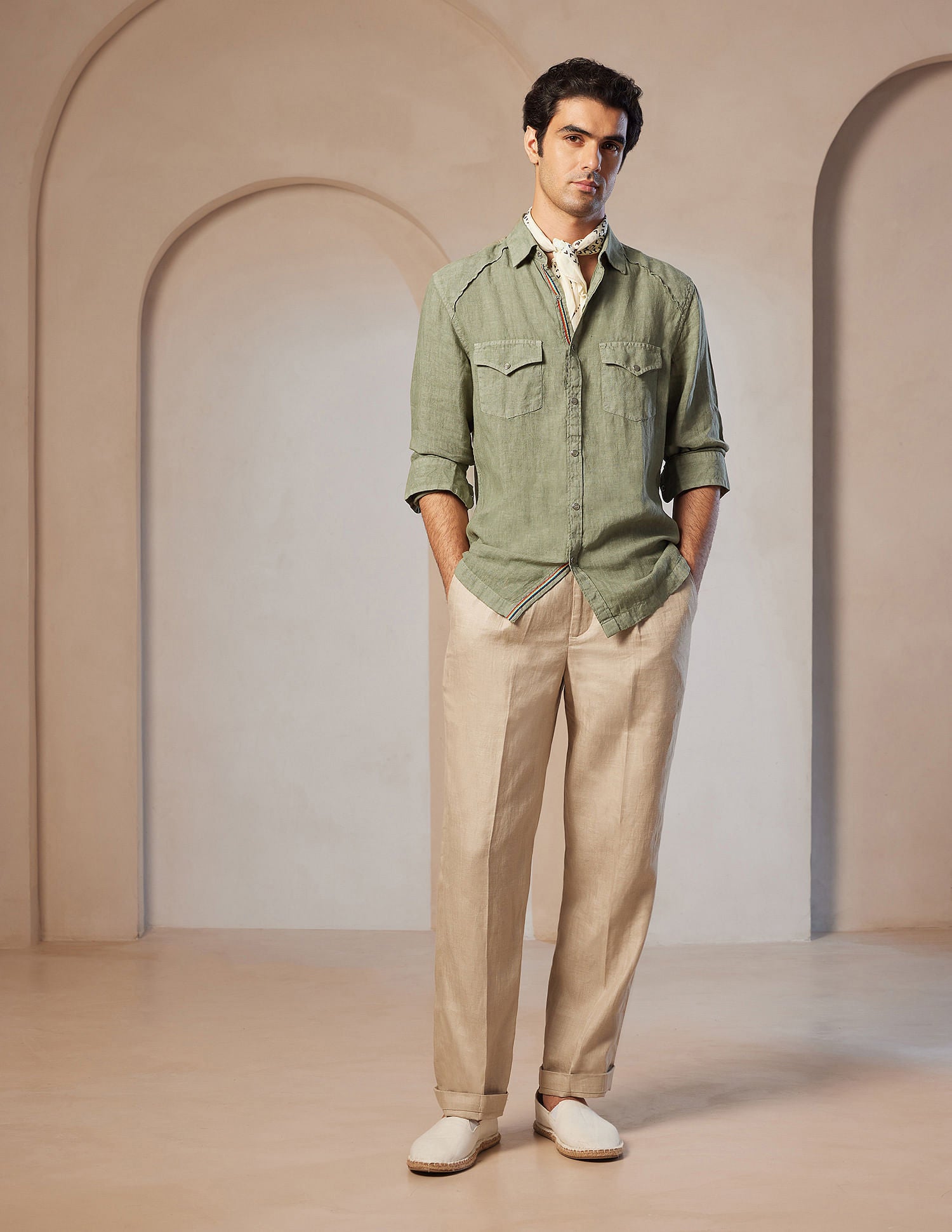 Pacho X Tailored Fit Linen Shirt Olive - U.S. POLO ASSN. | Large