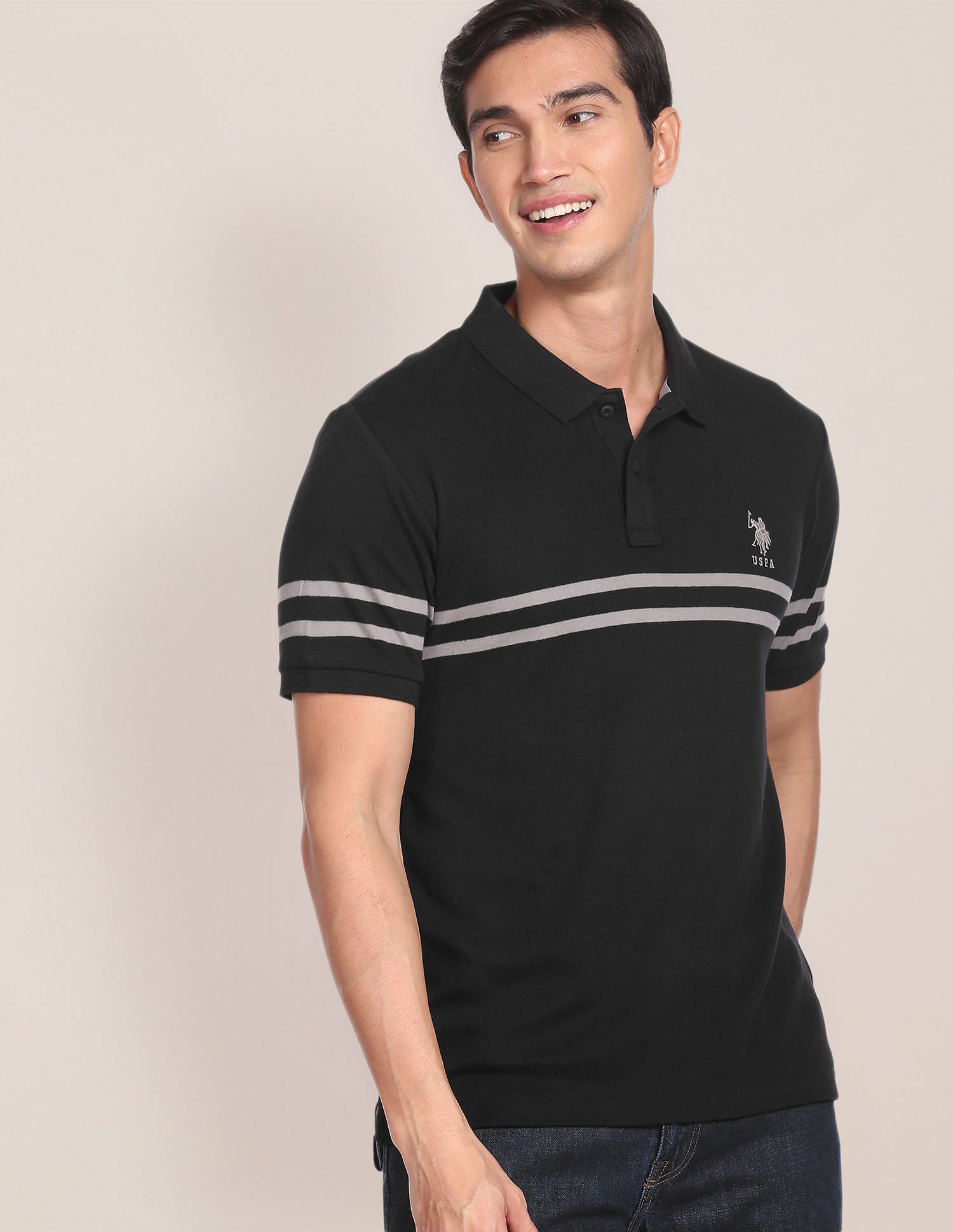 Signature Stripe Slim Fit Polo Shirt Black - U.S. POLO ASSN. | Large
