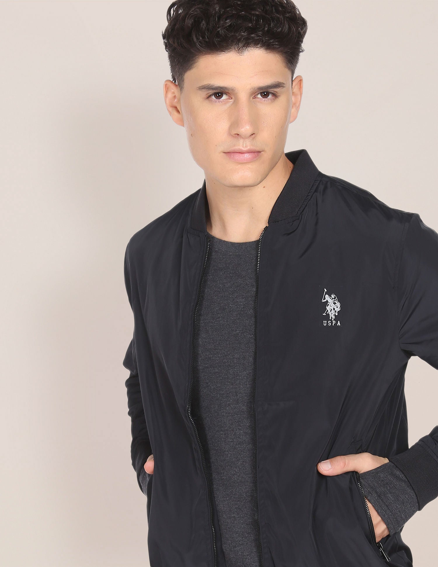 Men Black Solid Stand Collar Bomber Jacket Black - U.S. Polo Assn. India | Large