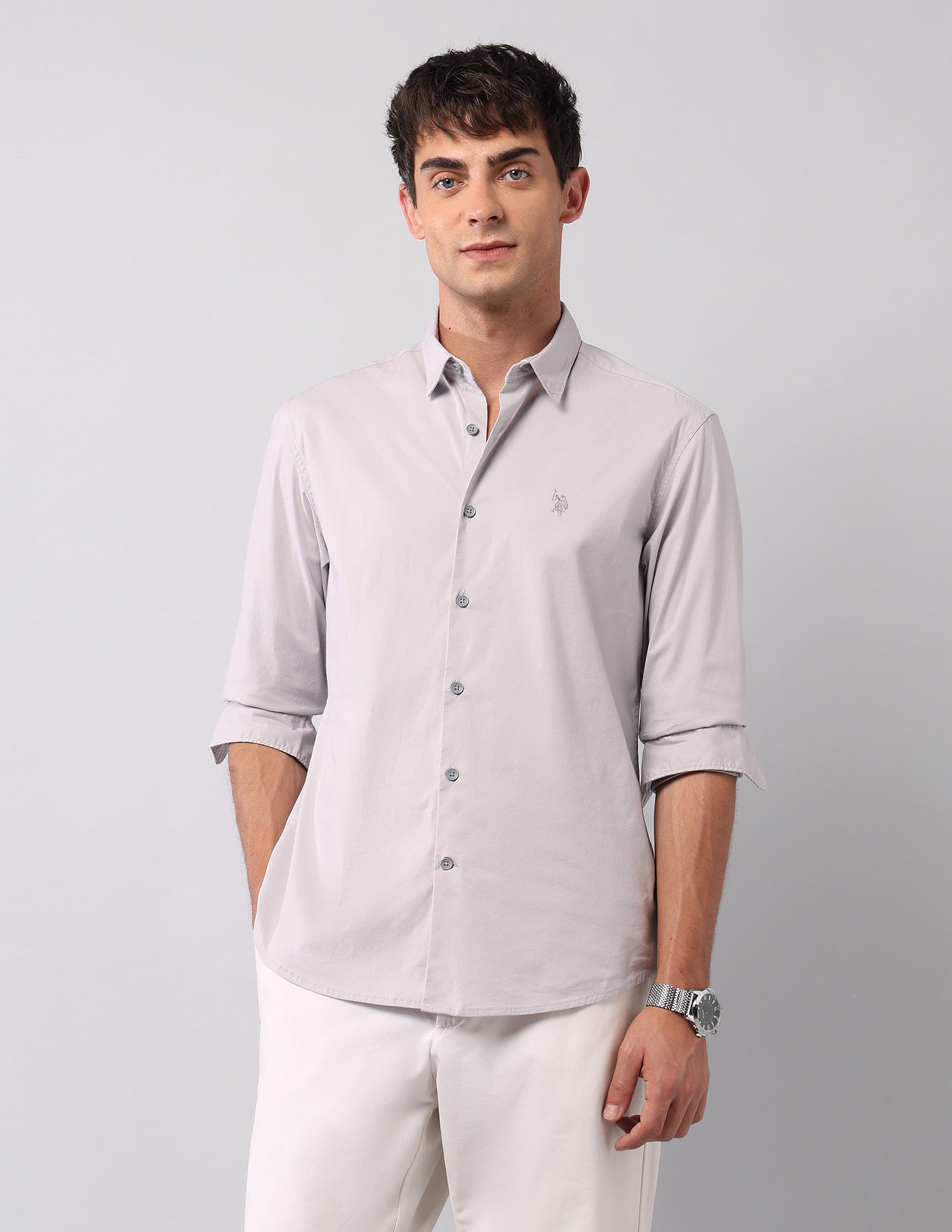 Solid Regular Fit Poplin Shirt Light Grey - U.S. Polo Assn. India | Large