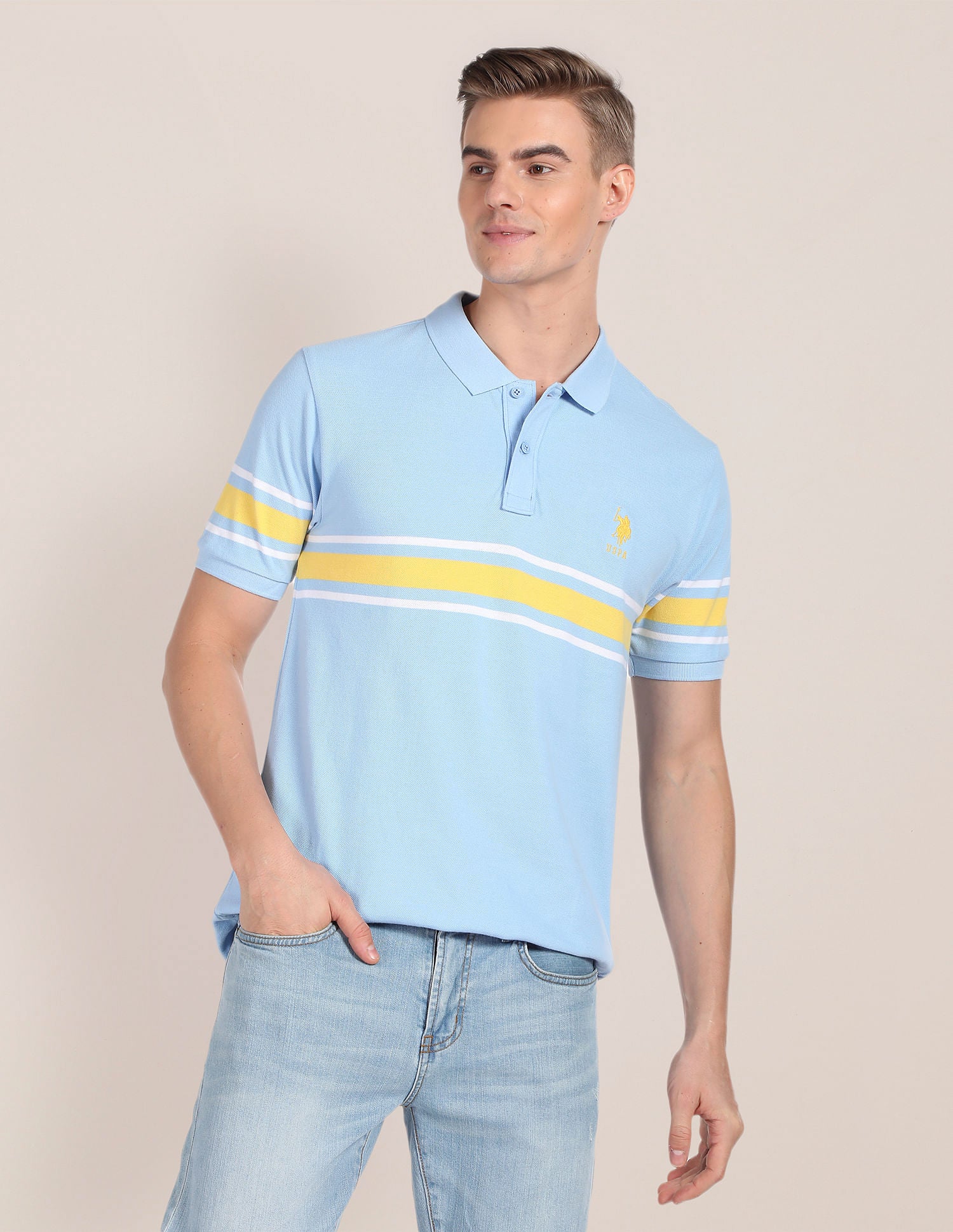 Ribbed Collar Horizontal Stripe Polo Shirt