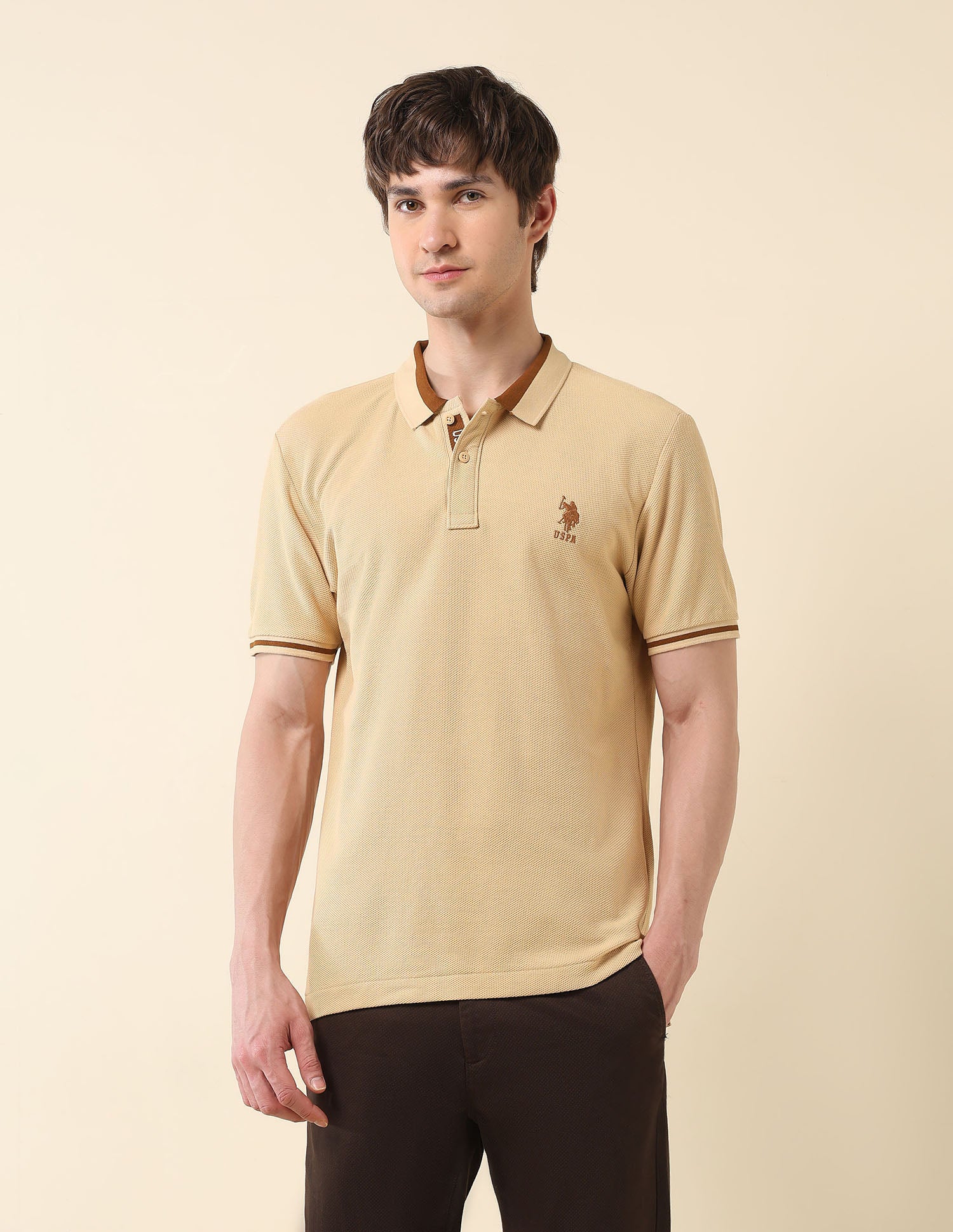 Textured Classic Polo Shirt Light Brown - U.S. Polo Assn. India | Large