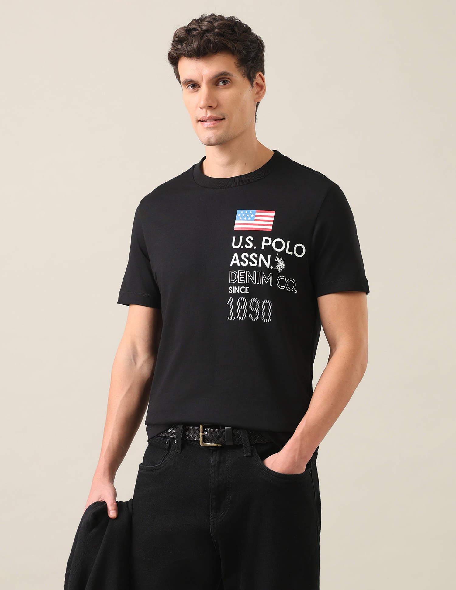 Typographic Brand Printed Regular Fit T-Shirt Black - U.S. Polo Assn. India | Large