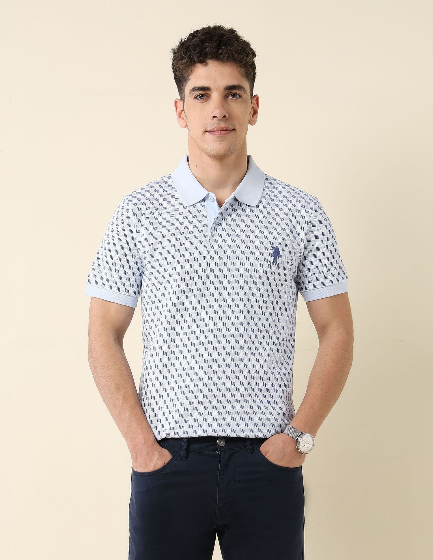 All-Over Printed Slim Fit Polo Shirt Light Blue - U.S. Polo Assn. India | Large