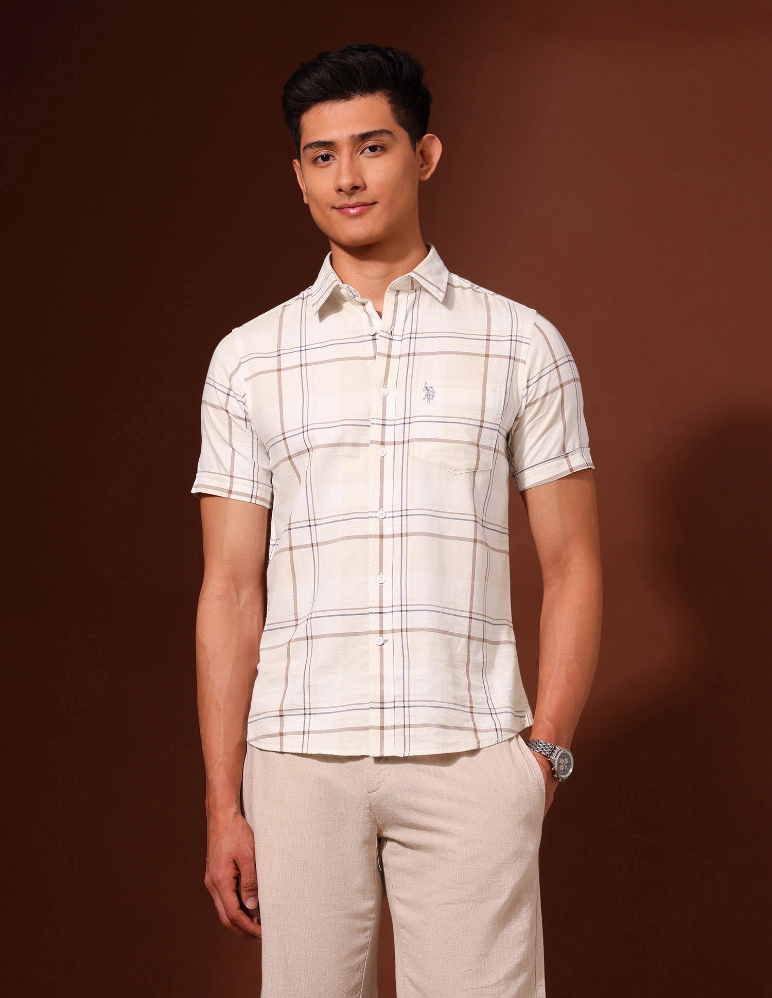 Grid Tattersall Checked Pure Cotton Shirt Ecru - U.S. Polo Assn. India | Large