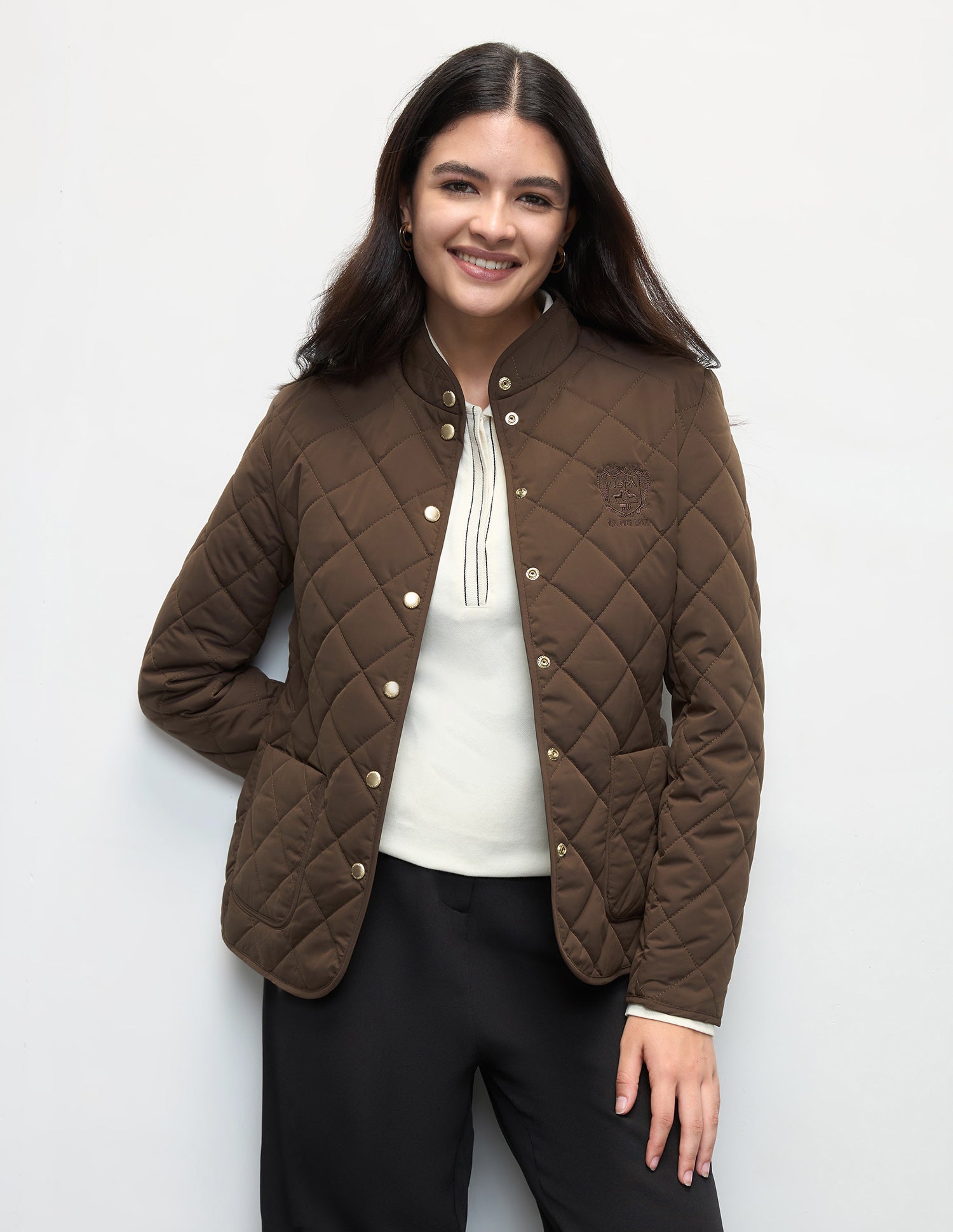 Solid Regular Fit Quilted Jacket Dark Brown - U.S. Polo Assn. India | Large
