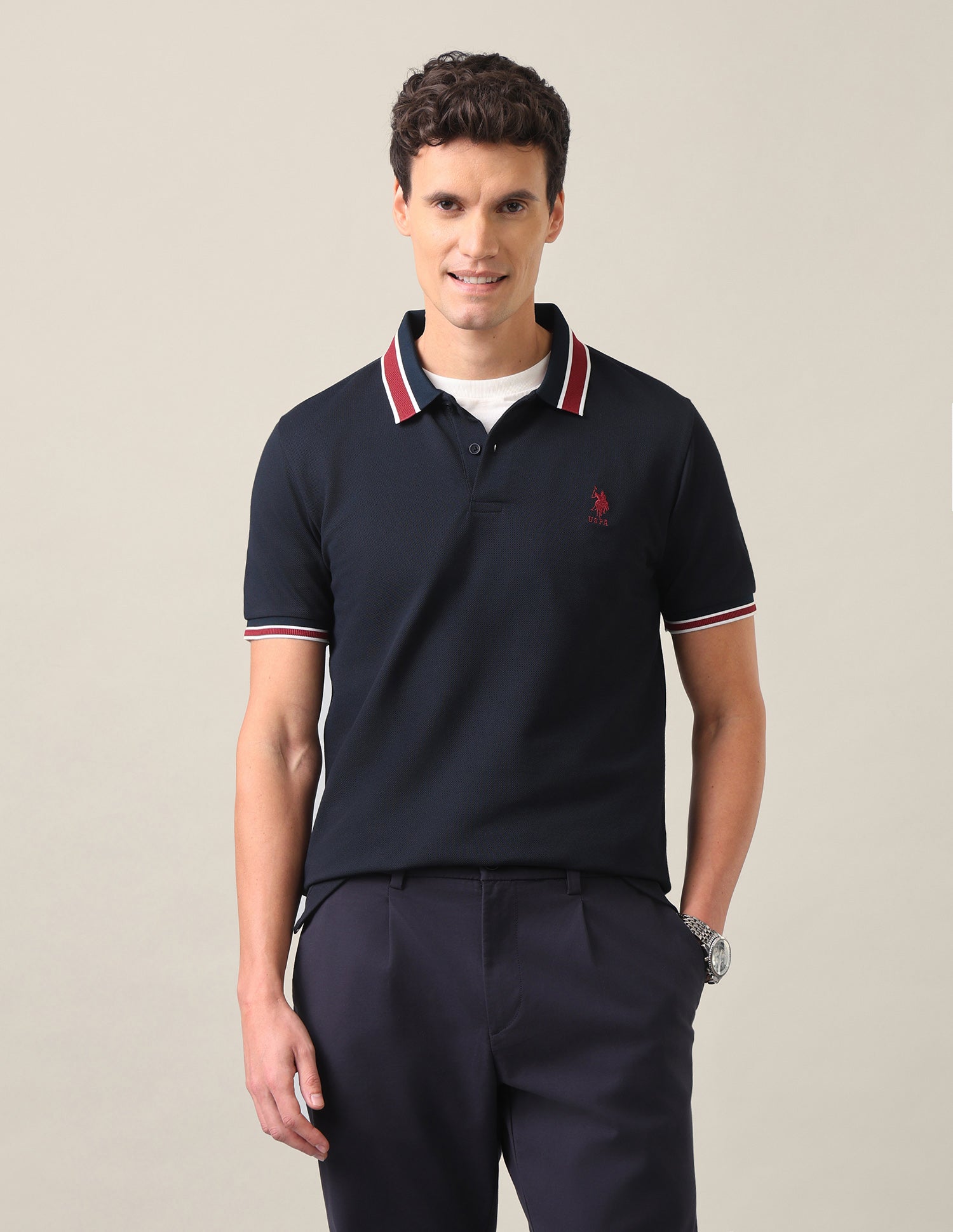 Solid Slim Fit Polo Shirt Navy Blue - U.S. Polo Assn. India | Large