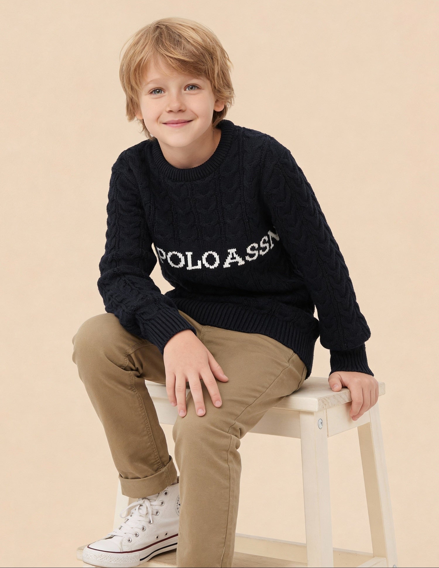 Boys Cable Knit Logo Regular Fit Sweater
