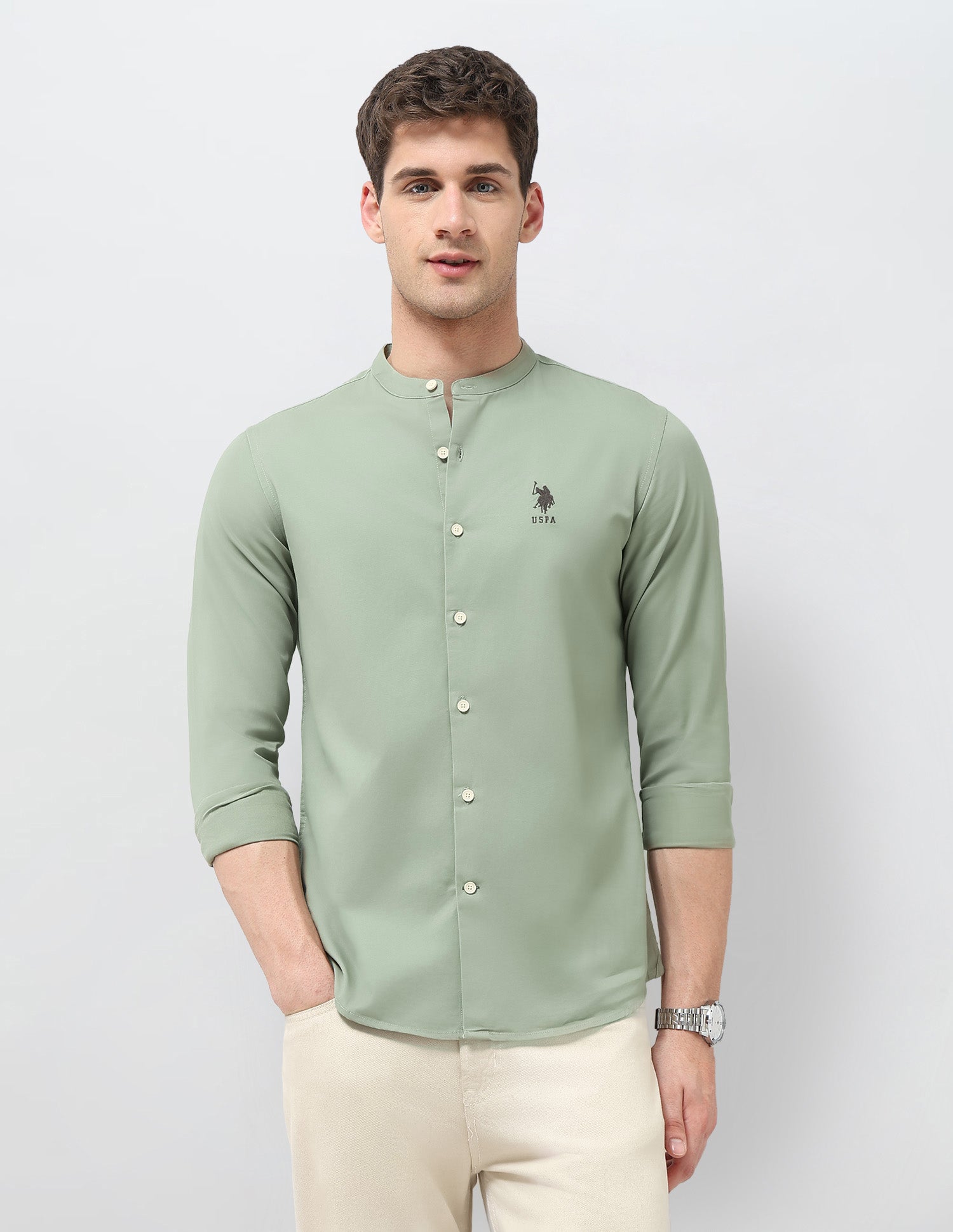 Solid Twill Regular Fit Shirt Light Green - U.S. Polo Assn. India | Large