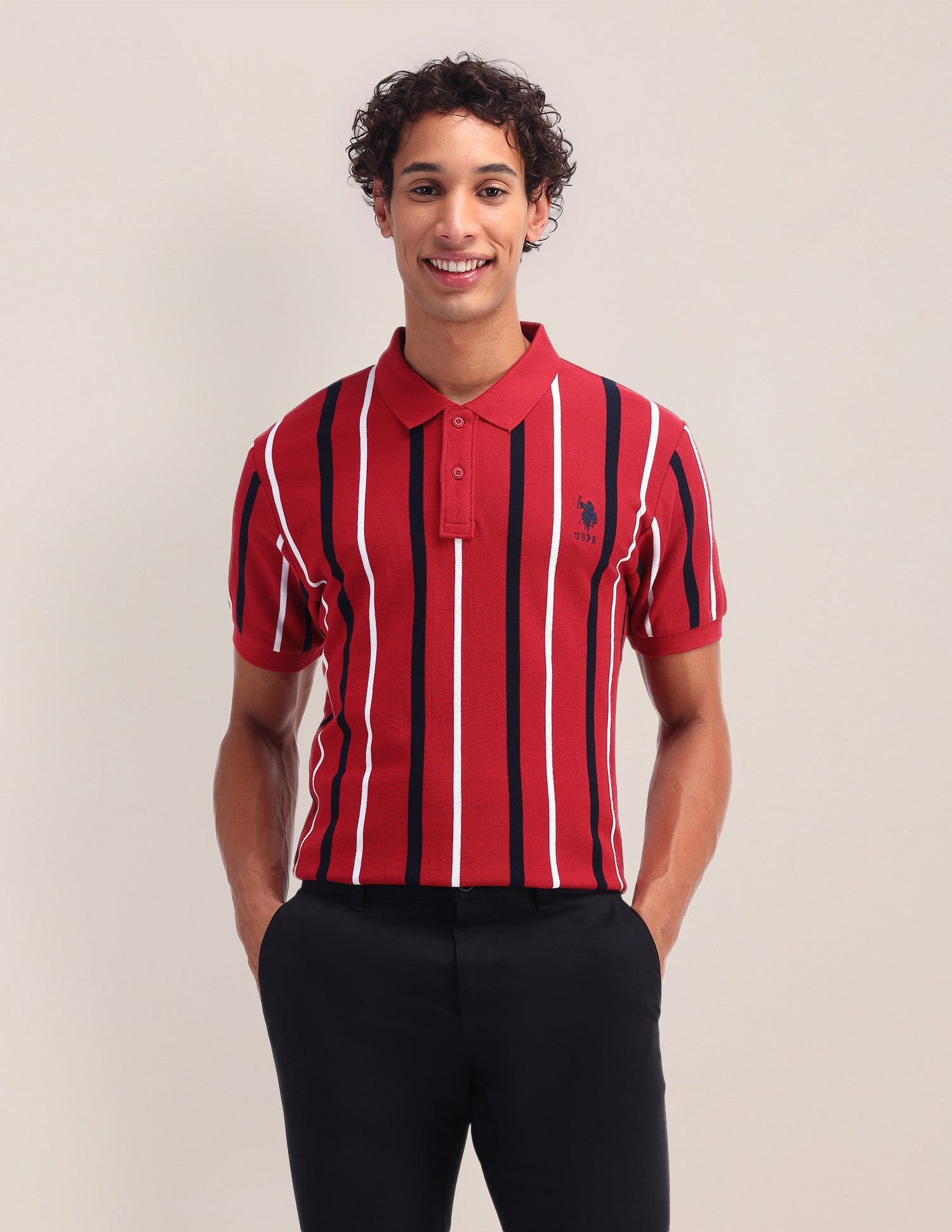 Vertical Striped Slim Fit Polo Shirt Red - U.S. Polo Assn. India | Large