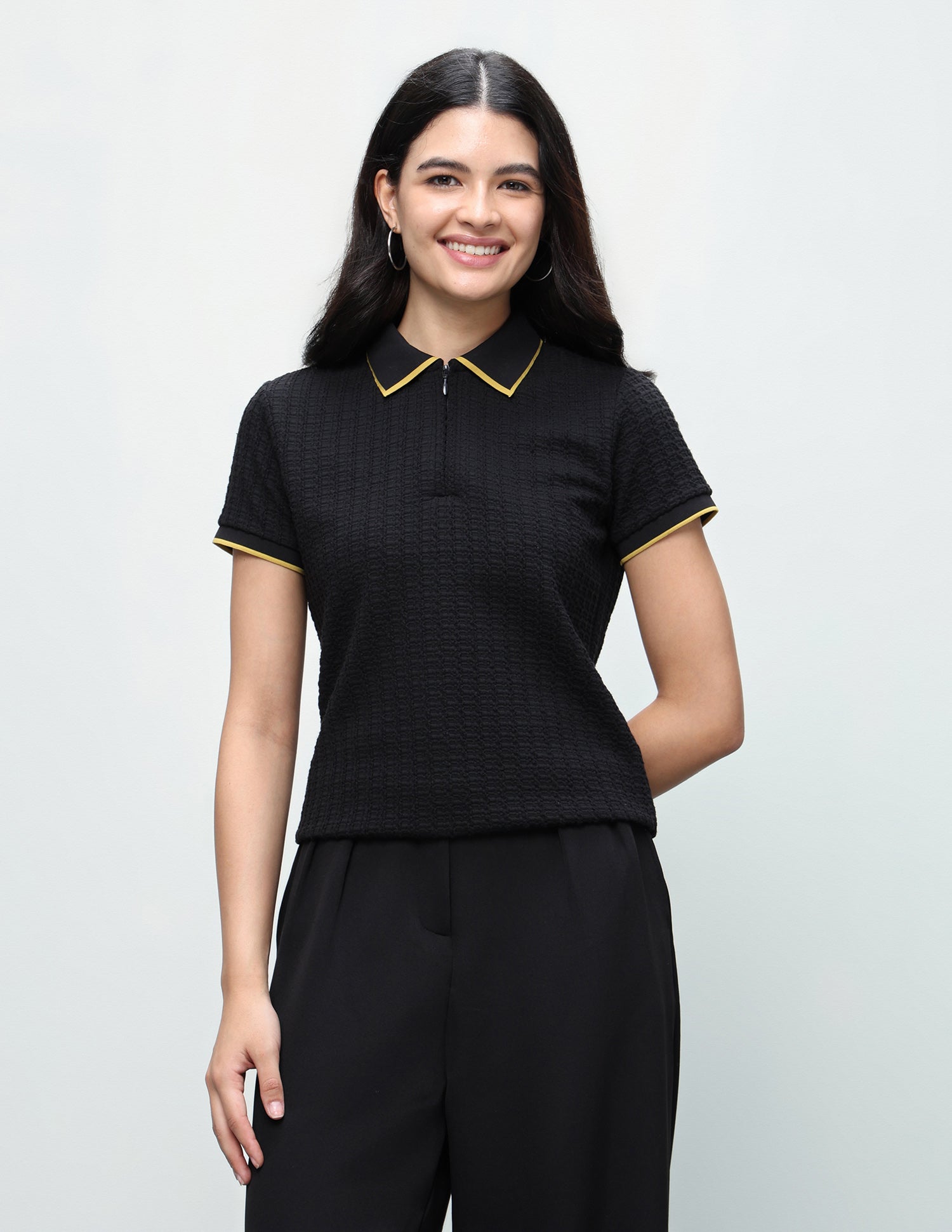 Textured Regular Fit Zipper Polo Shirt Black - U.S. Polo Assn. India | Large