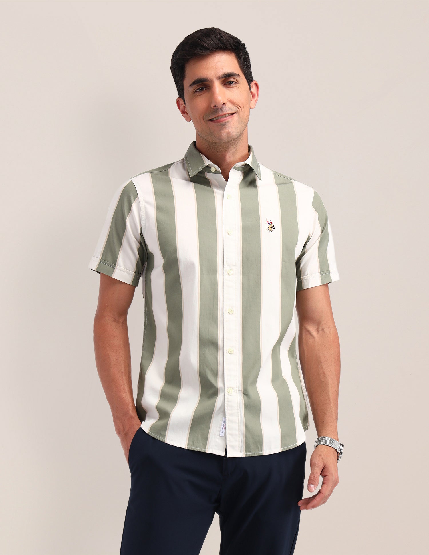 Vertical Striped Poplin Shirt Olive - U.S. Polo Assn. India | Large