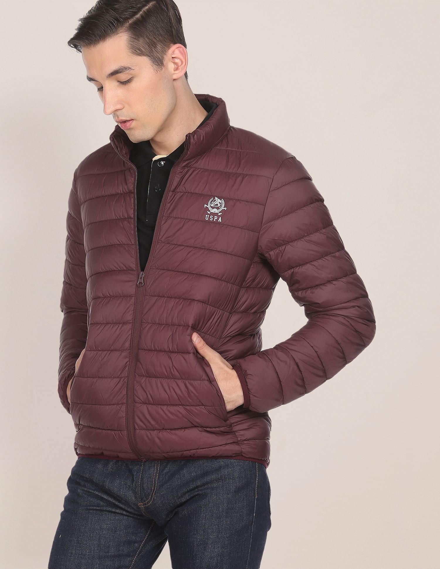 High Neck Nylon Solid Puffer Jacket Maroon - U.S. POLO ASSN. | Large