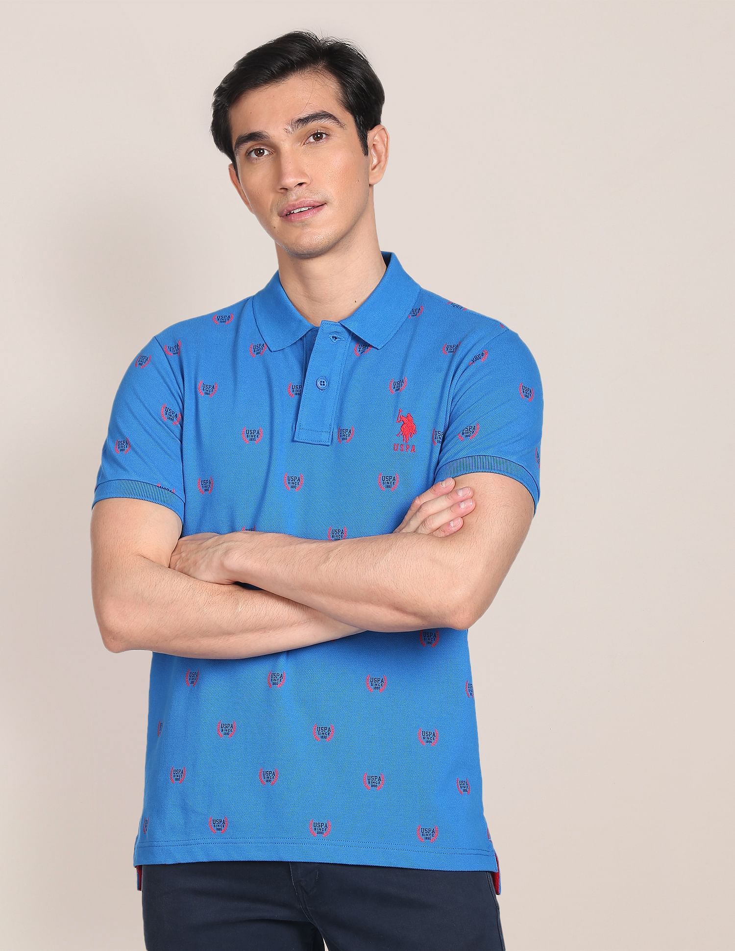 All Over Branding Cotton Polo Shirt Blue - U.S. Polo Assn. India | Large