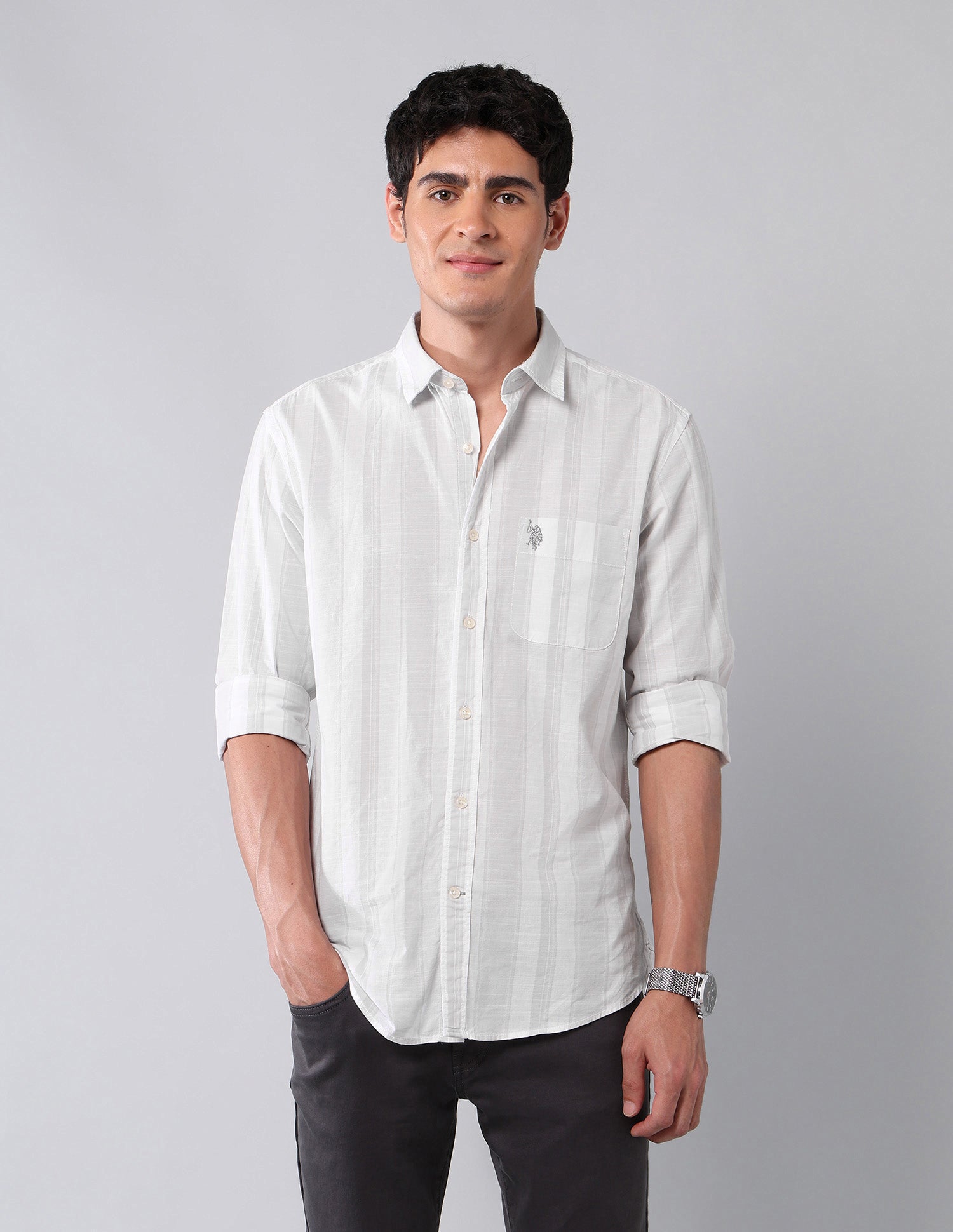 Vertical Striped Pure Cotton Shirt Stone - U.S. Polo Assn. India | Large