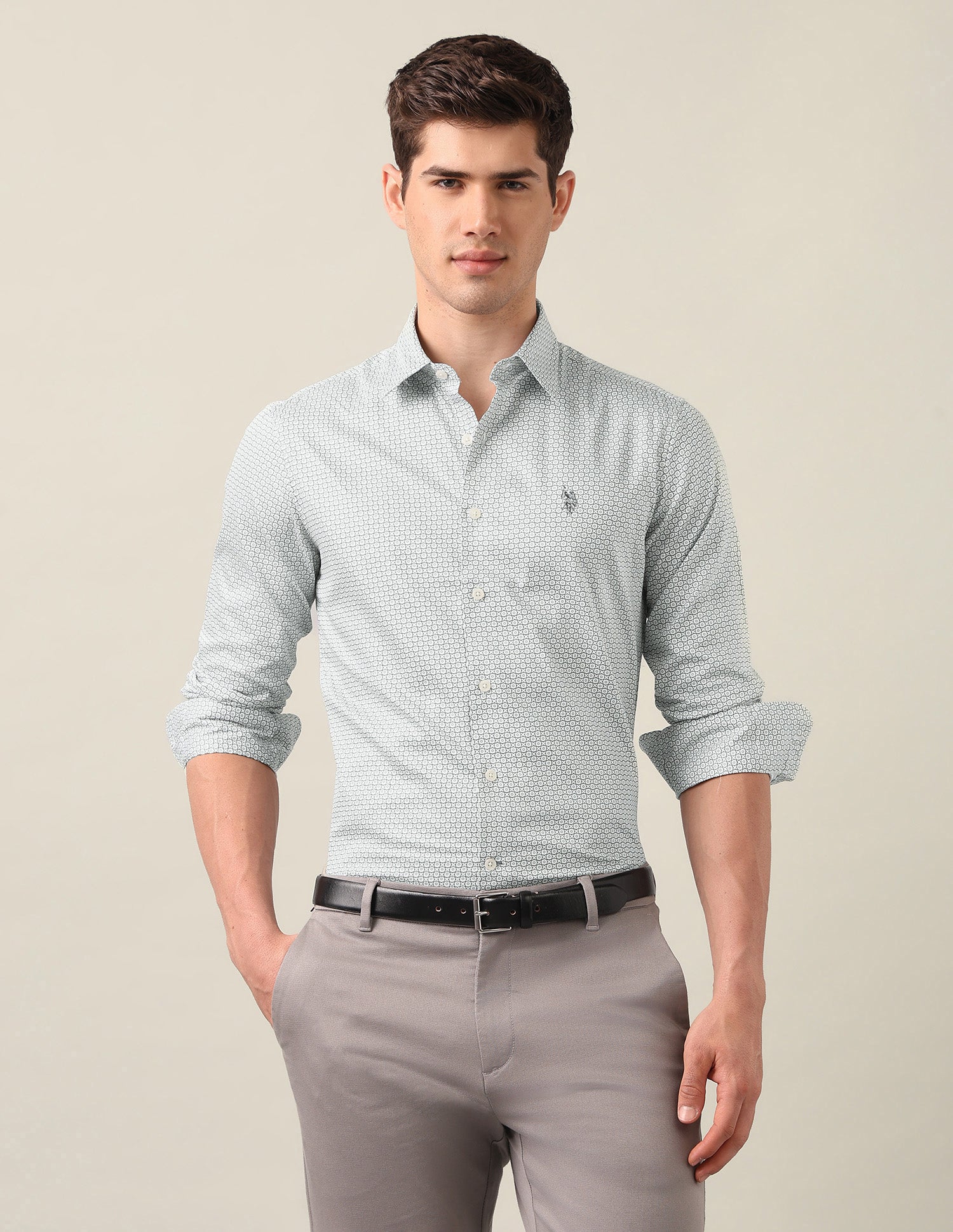 Geometric Printed Satin Shirt Light Grey - U.S. Polo Assn. India | Large