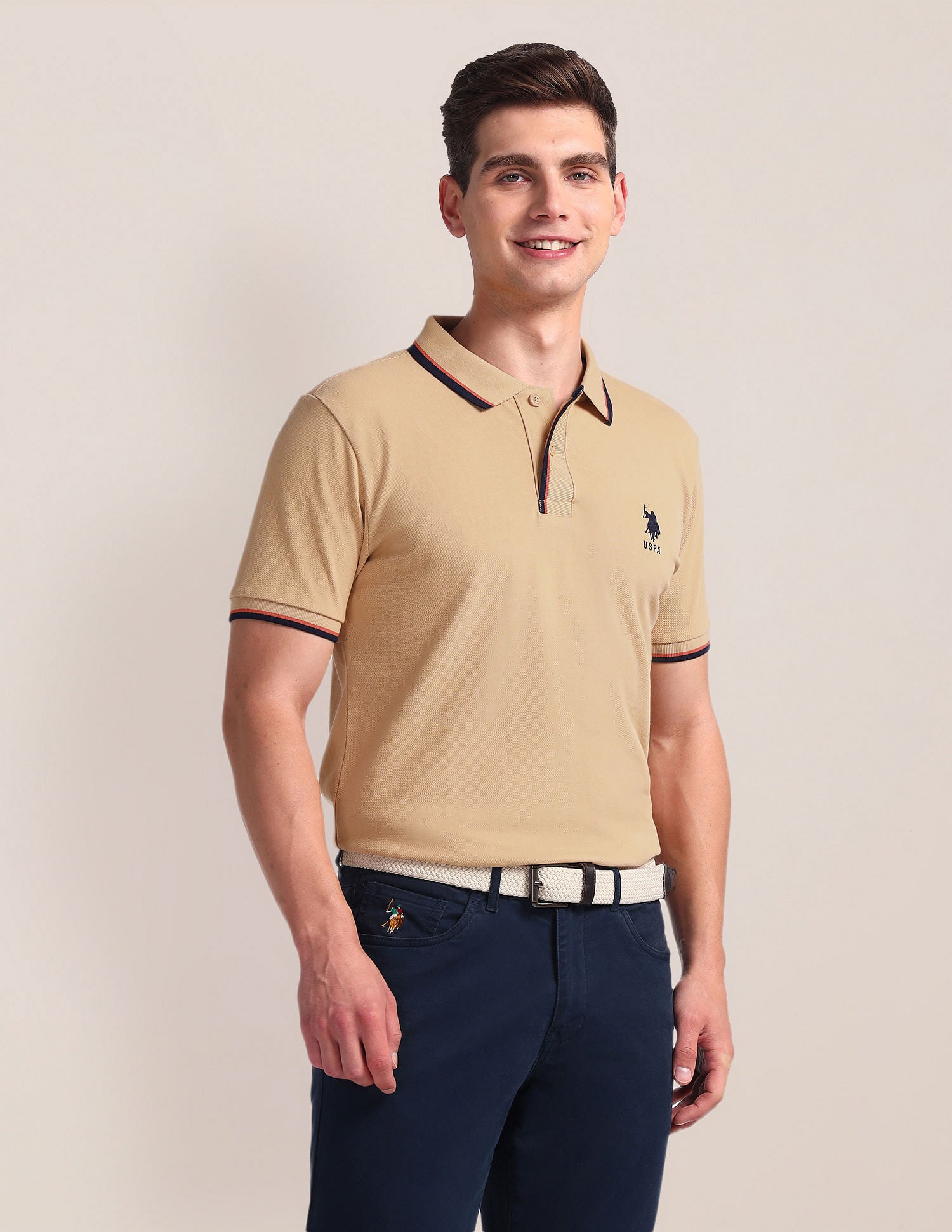 Tipped Collar Slim Polo Shirt Beige - U.S. Polo Assn. India | Large