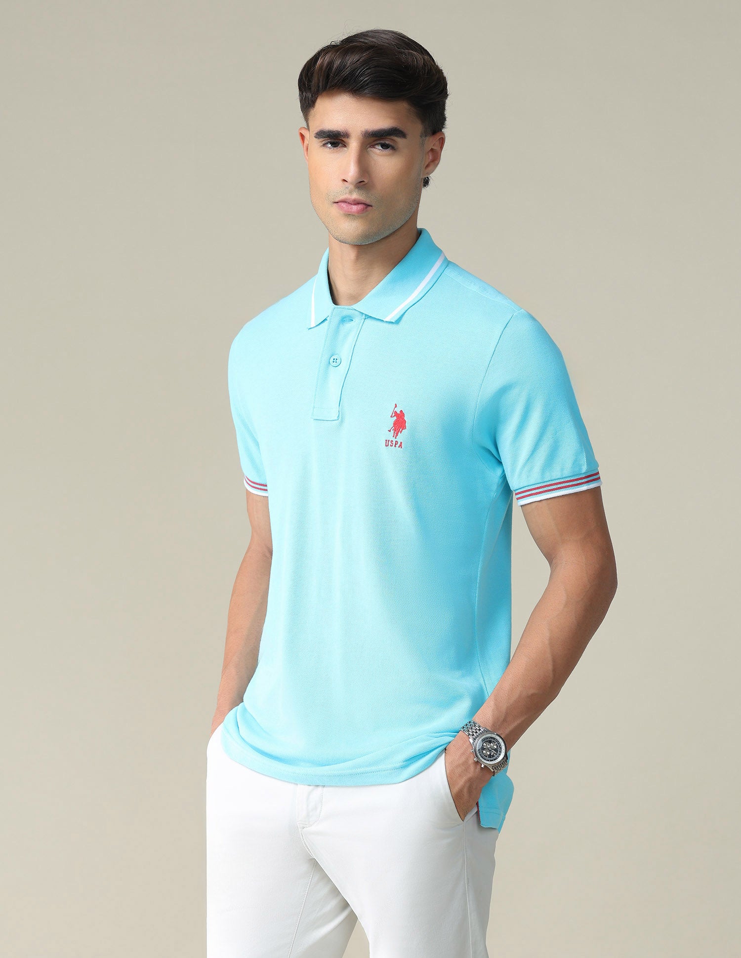 Striped Hem Cotton Polo Shirt