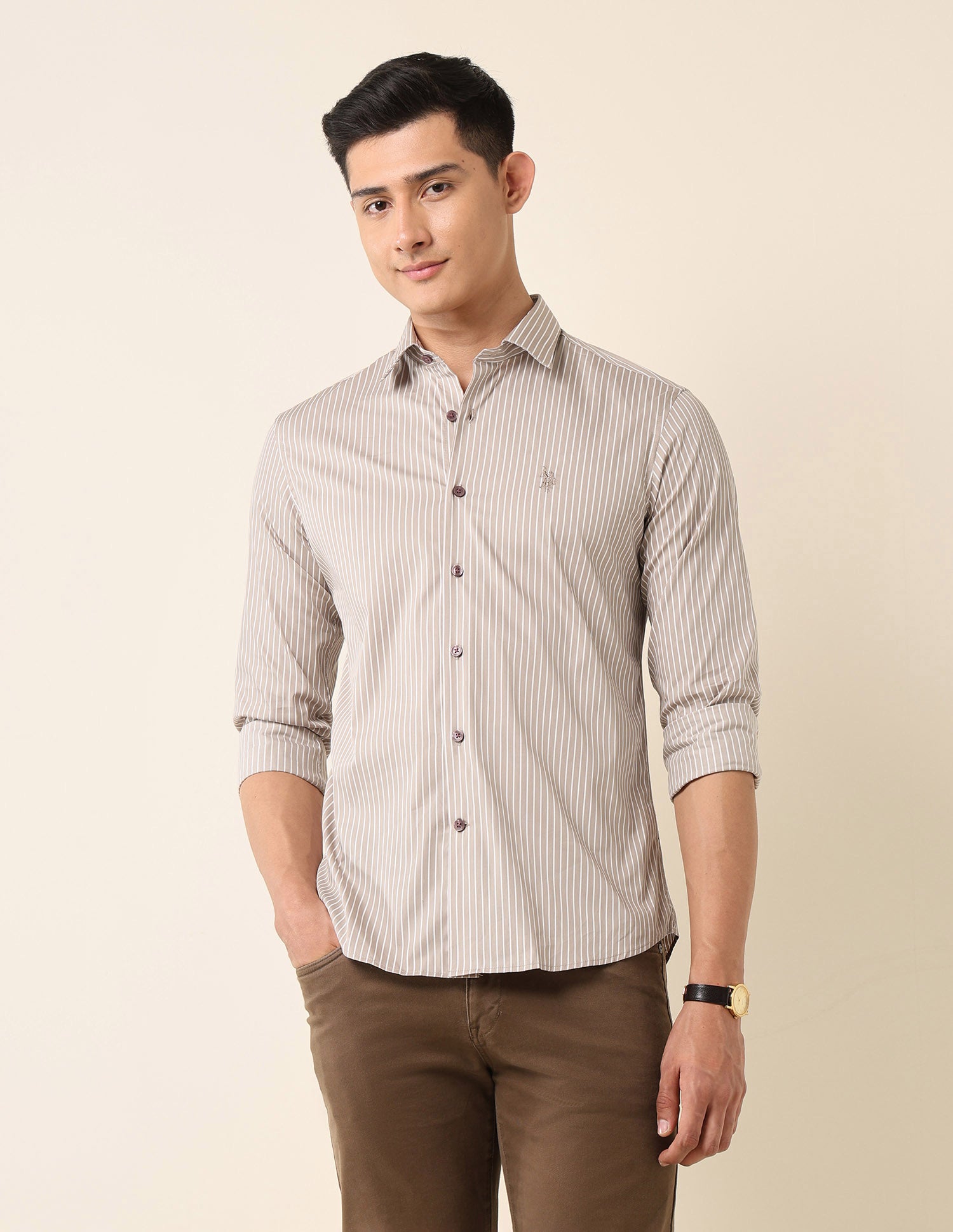 Tailored Fit Vertical Striped Shirt Khaki - U.S. Polo Assn. India | Large