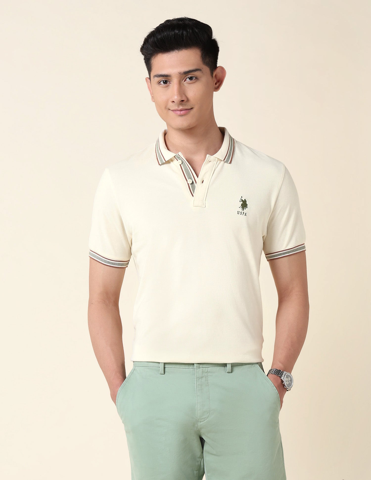 Slim Fit Pure Cotton Polo Shirt Off White - U.S. Polo Assn. India | Large