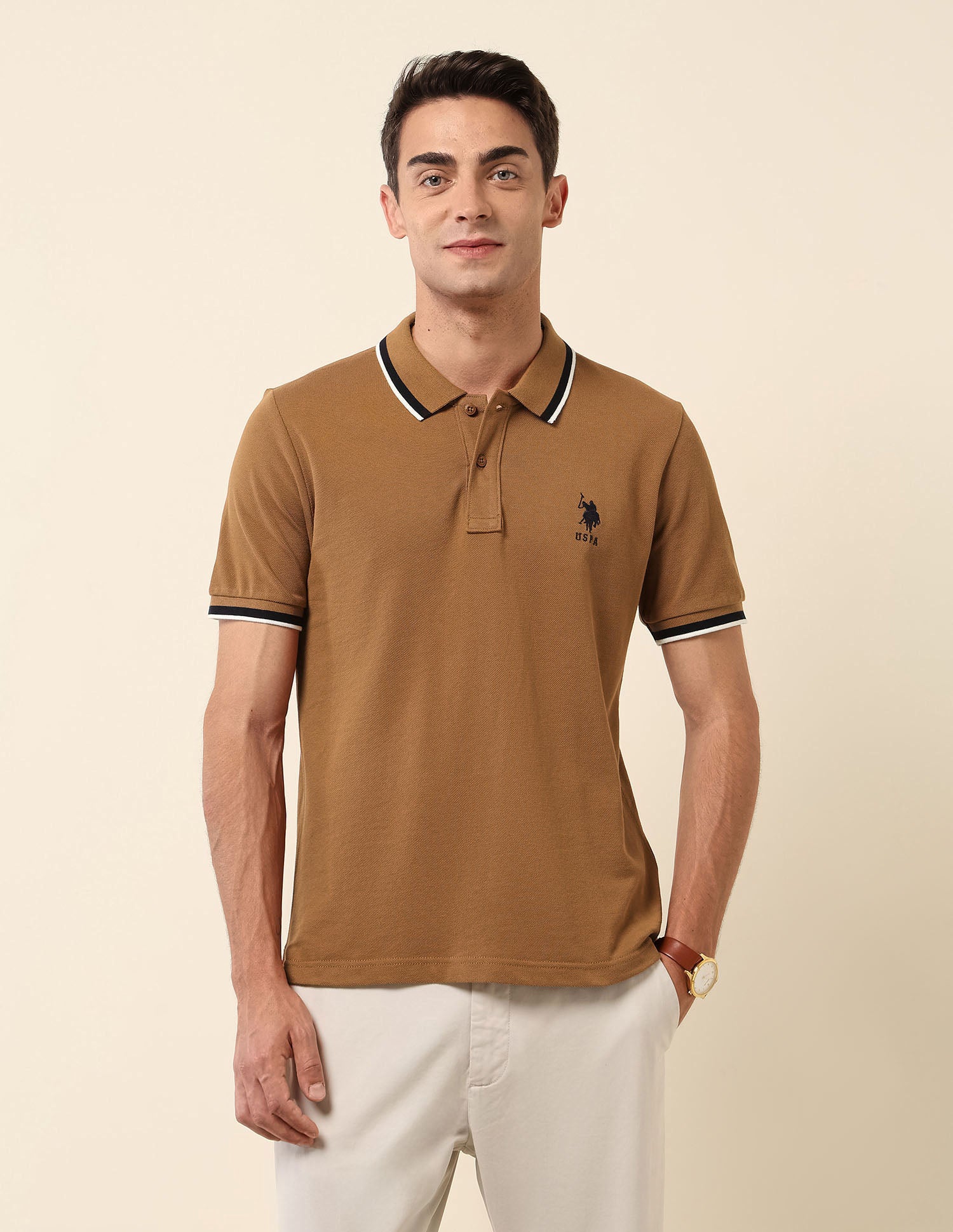 Slim Fit Solid Polo Shirt Brown - U.S. Polo Assn. India | Large