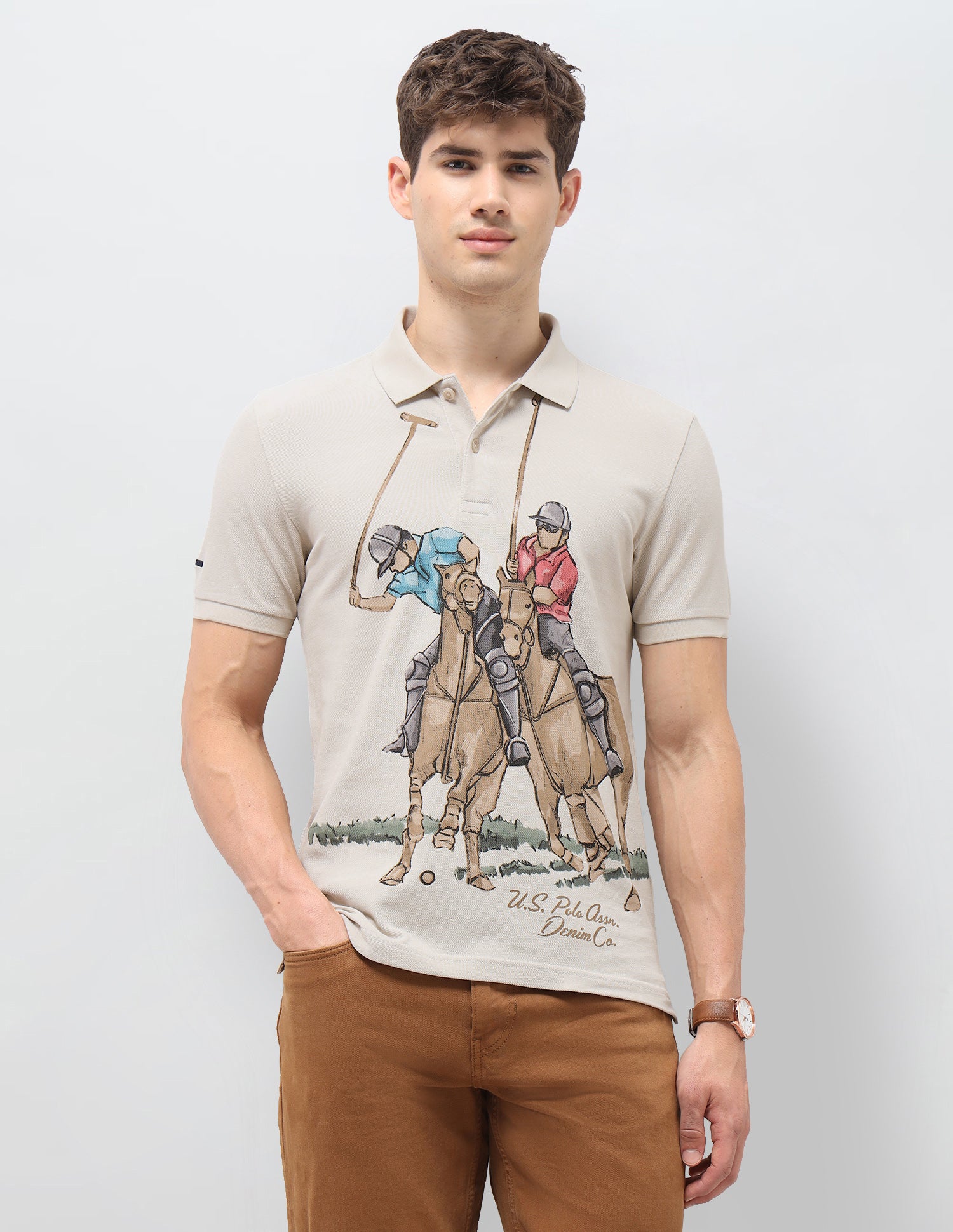 Graphic Brand Printed Muscle Fit Polo Shirt Beige - U.S. Polo Assn. India | Large