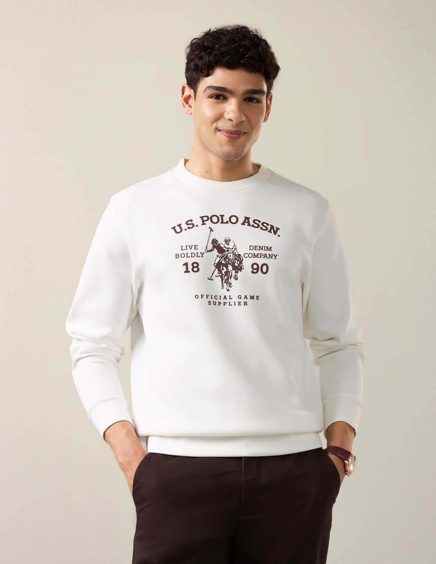 Brand Embossed Regular Fit Sweatshirt Ivory - U.S. Polo Assn. India | Large
