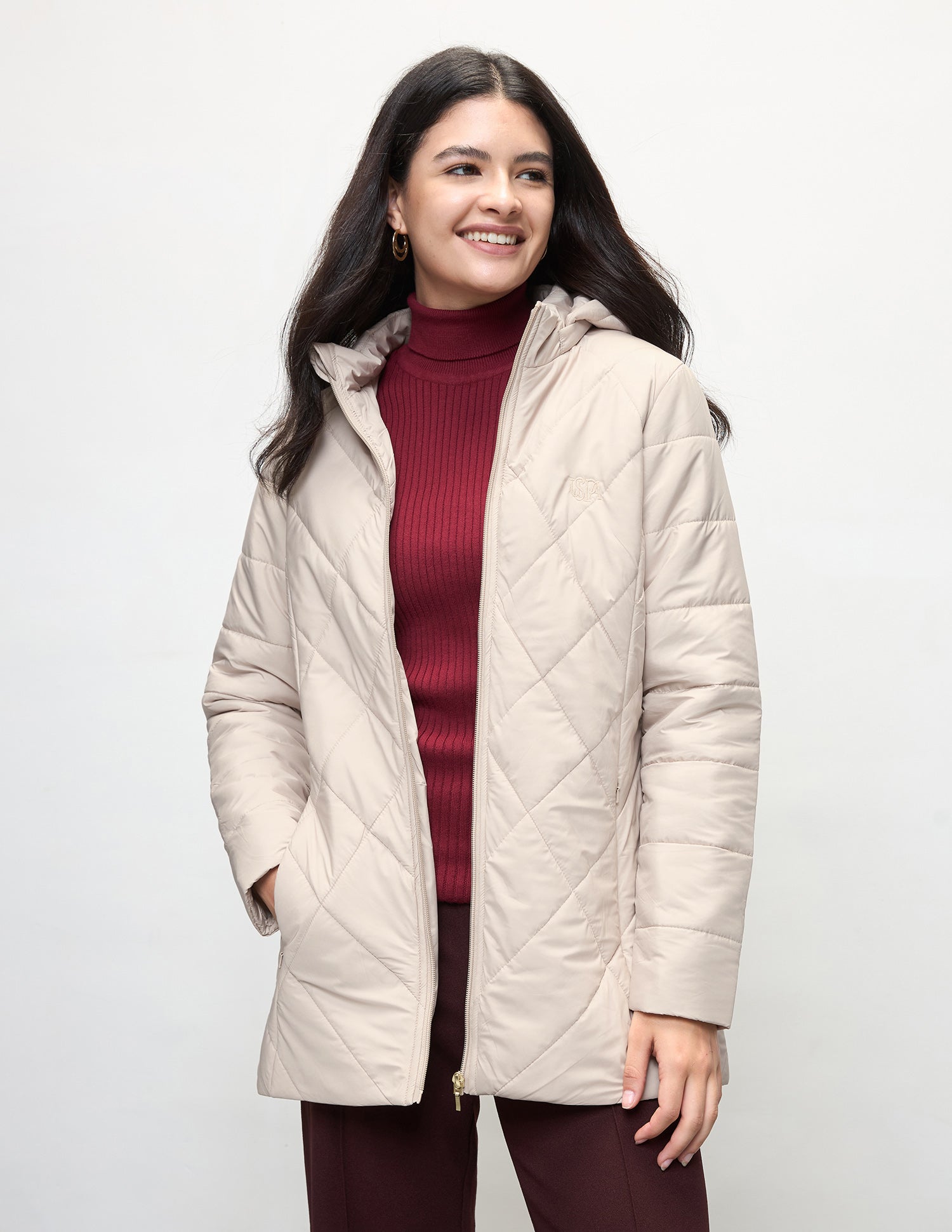 Longline Detachable Hood Quilted Jacket Ecru - U.S. Polo Assn. India | Large