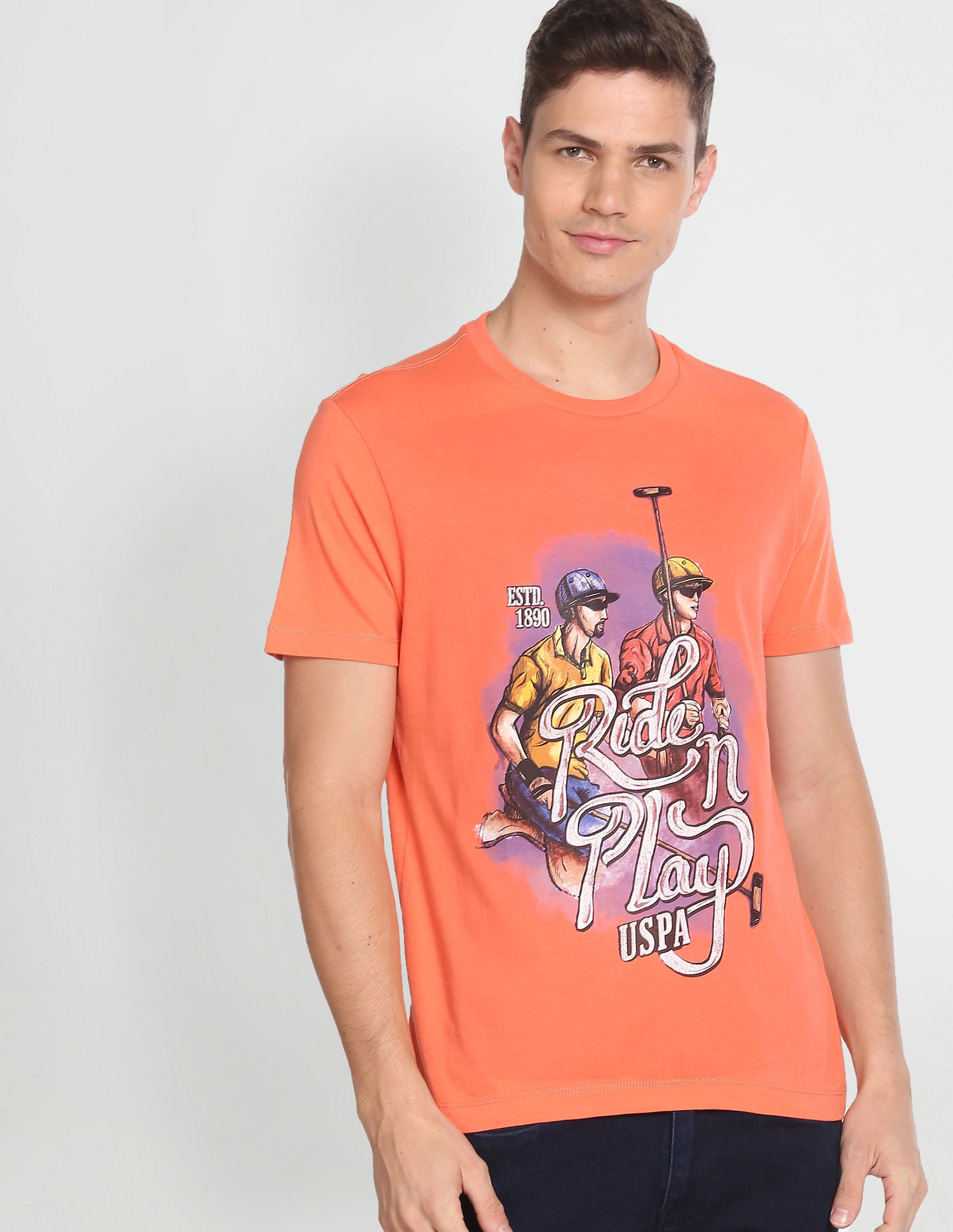 Crew Neck Graphic Print T-Shirt Coral - U.S. POLO ASSN. | Large