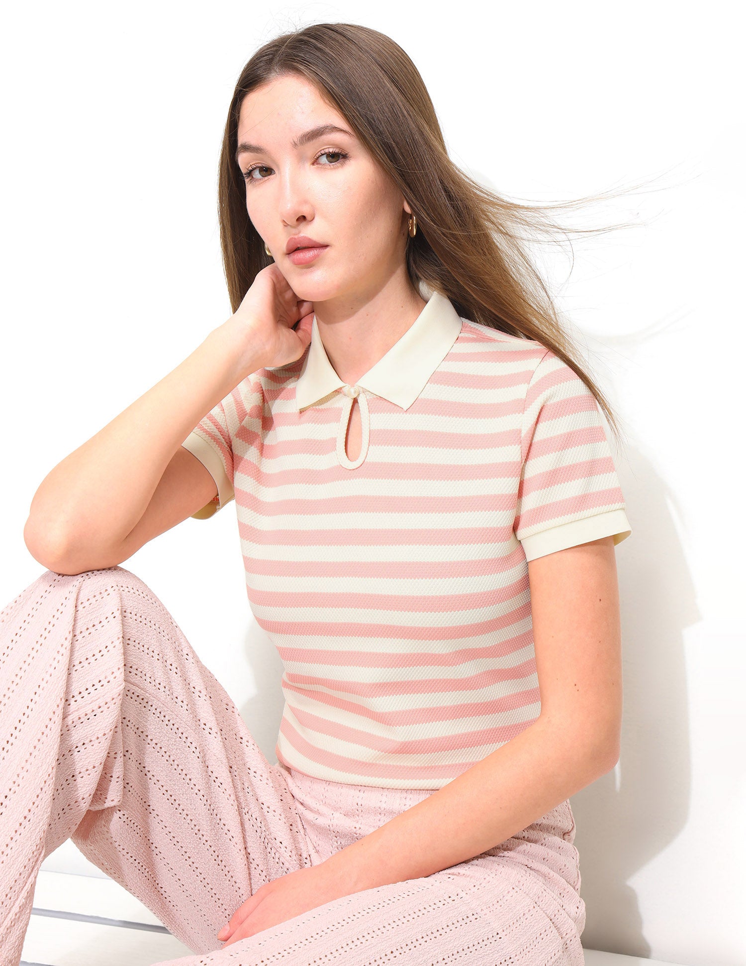 Horizontal Striped Key Hole Polo Shirt