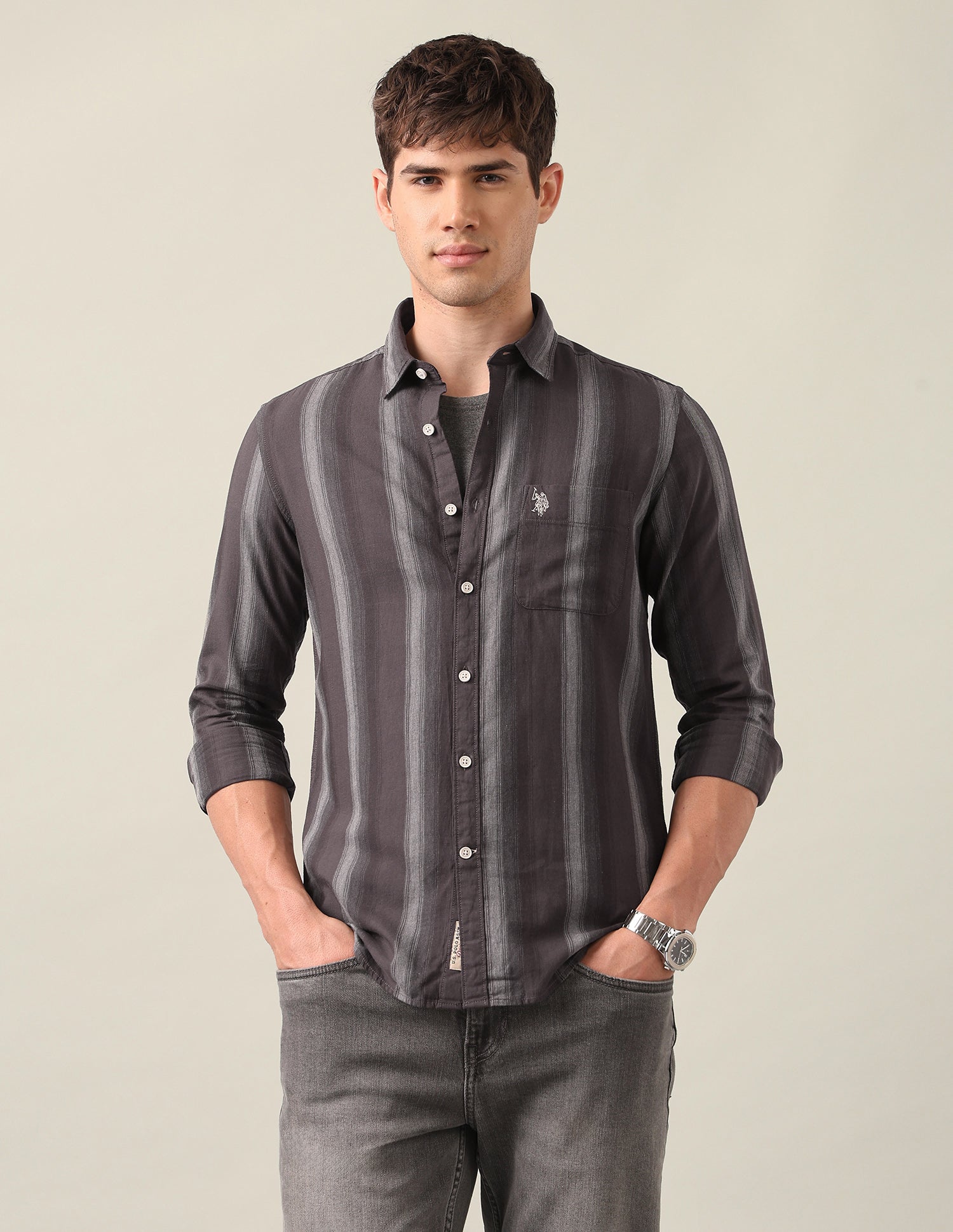 Vertical Striped Twill Shirt Brown - U.S. Polo Assn. India | Large