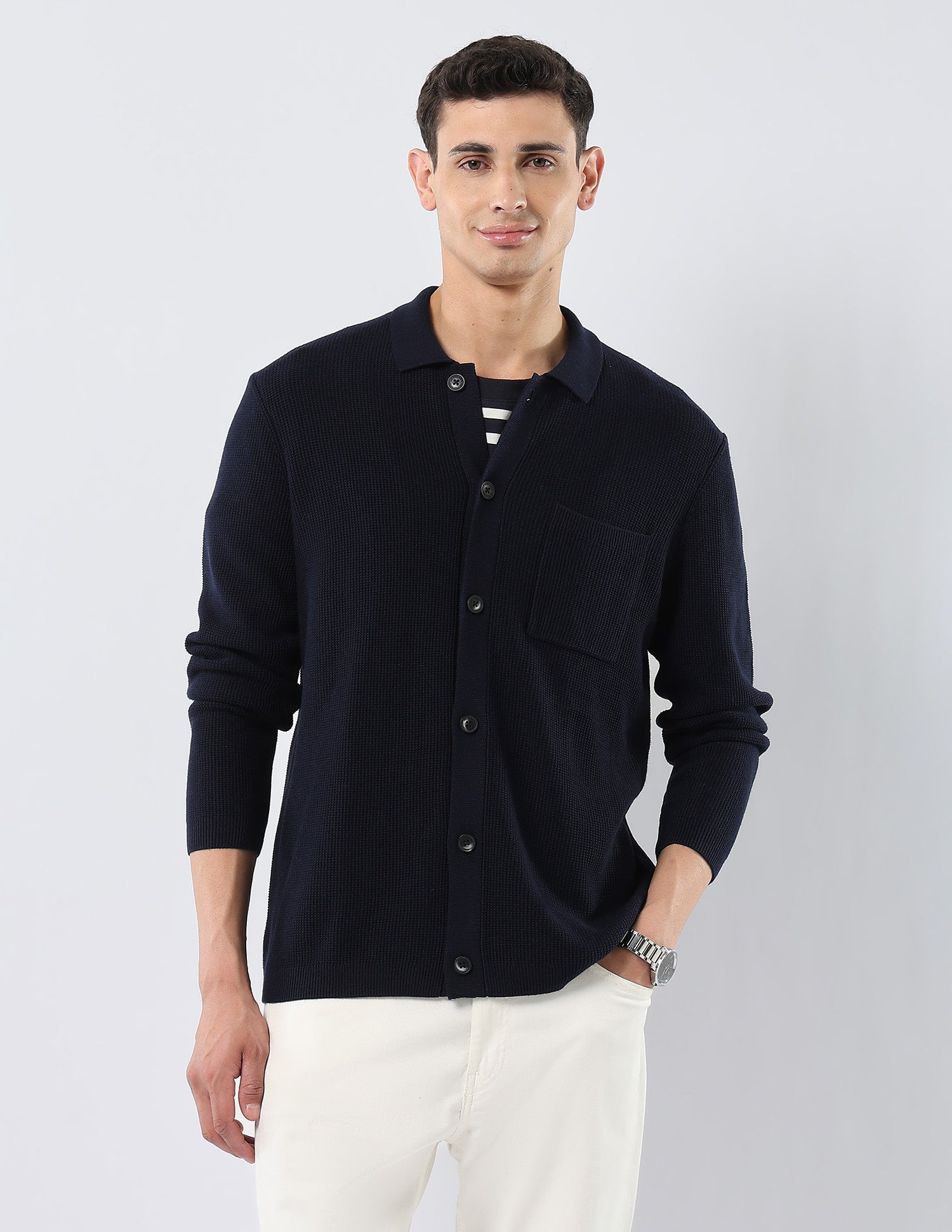 Patterned Knit Polo Neck Sweater