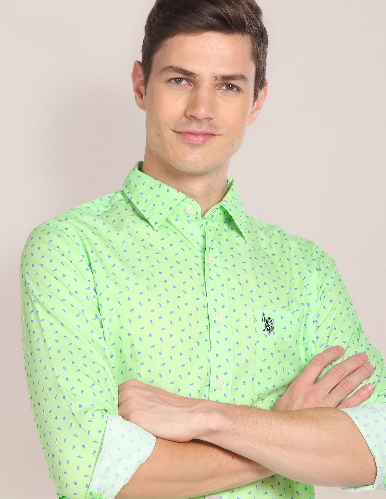 Rounded Cuff Cotton Printed Casual Shirt Green - U.S. Polo Assn. India | Large