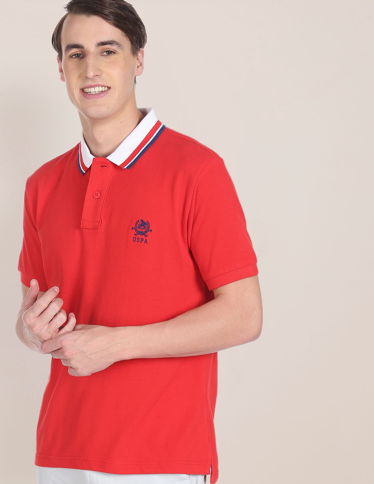 Ribbed Collar Brand Logo Polo Shirt Red - U.S. POLO ASSN. | Large