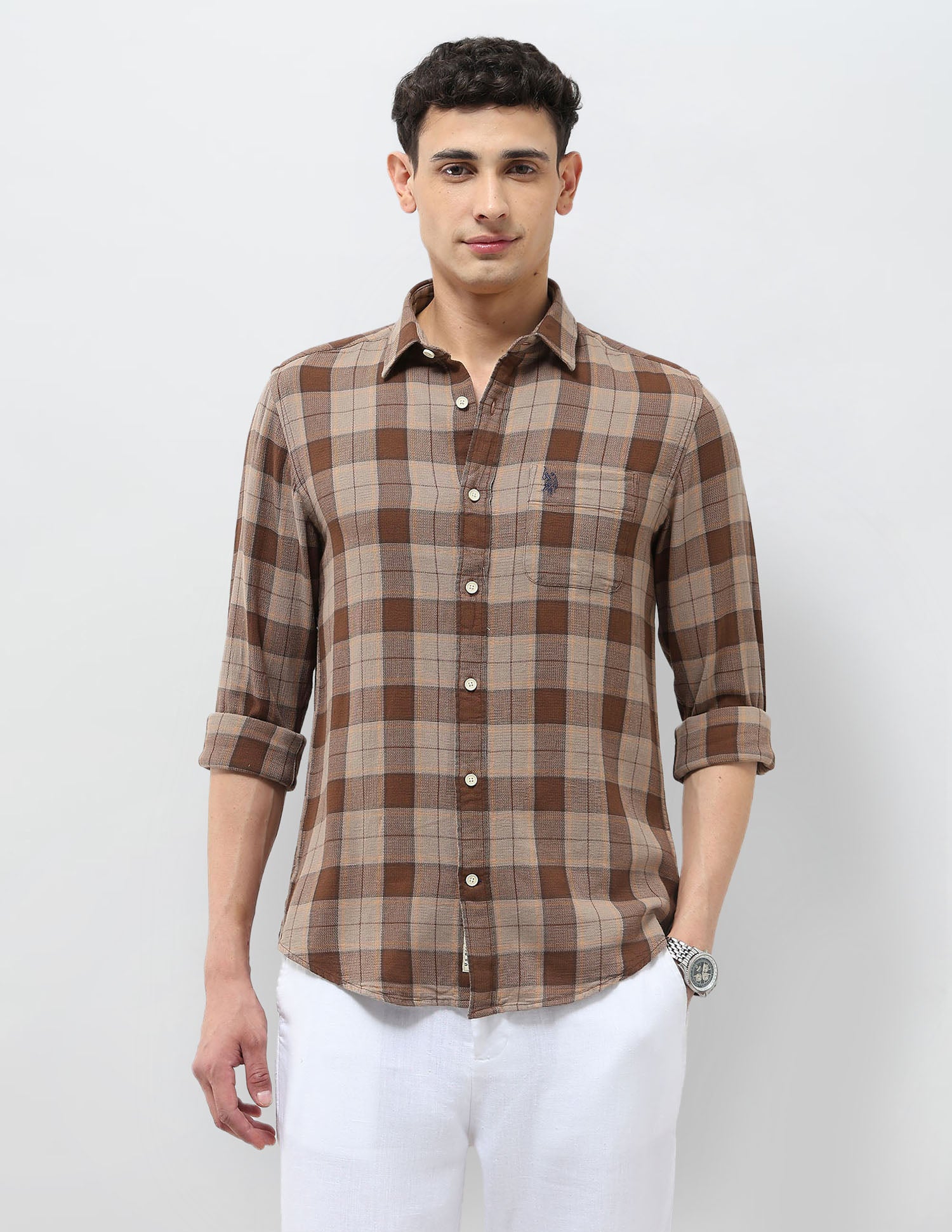 Tartan Checked Regular Fit Shirt Medium Brown - U.S. Polo Assn. India | Large