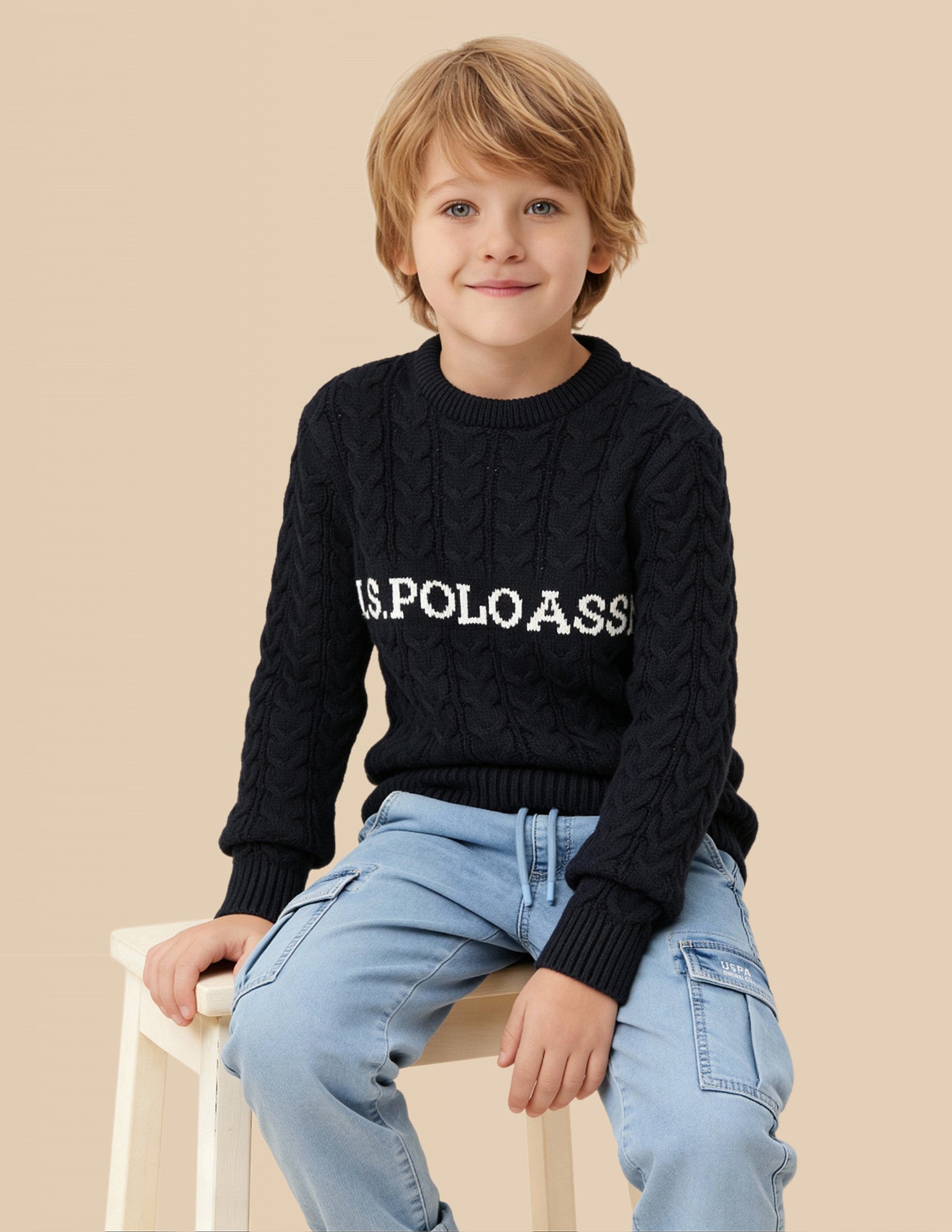 Boys Cable Knit Logo Regular Fit Sweater