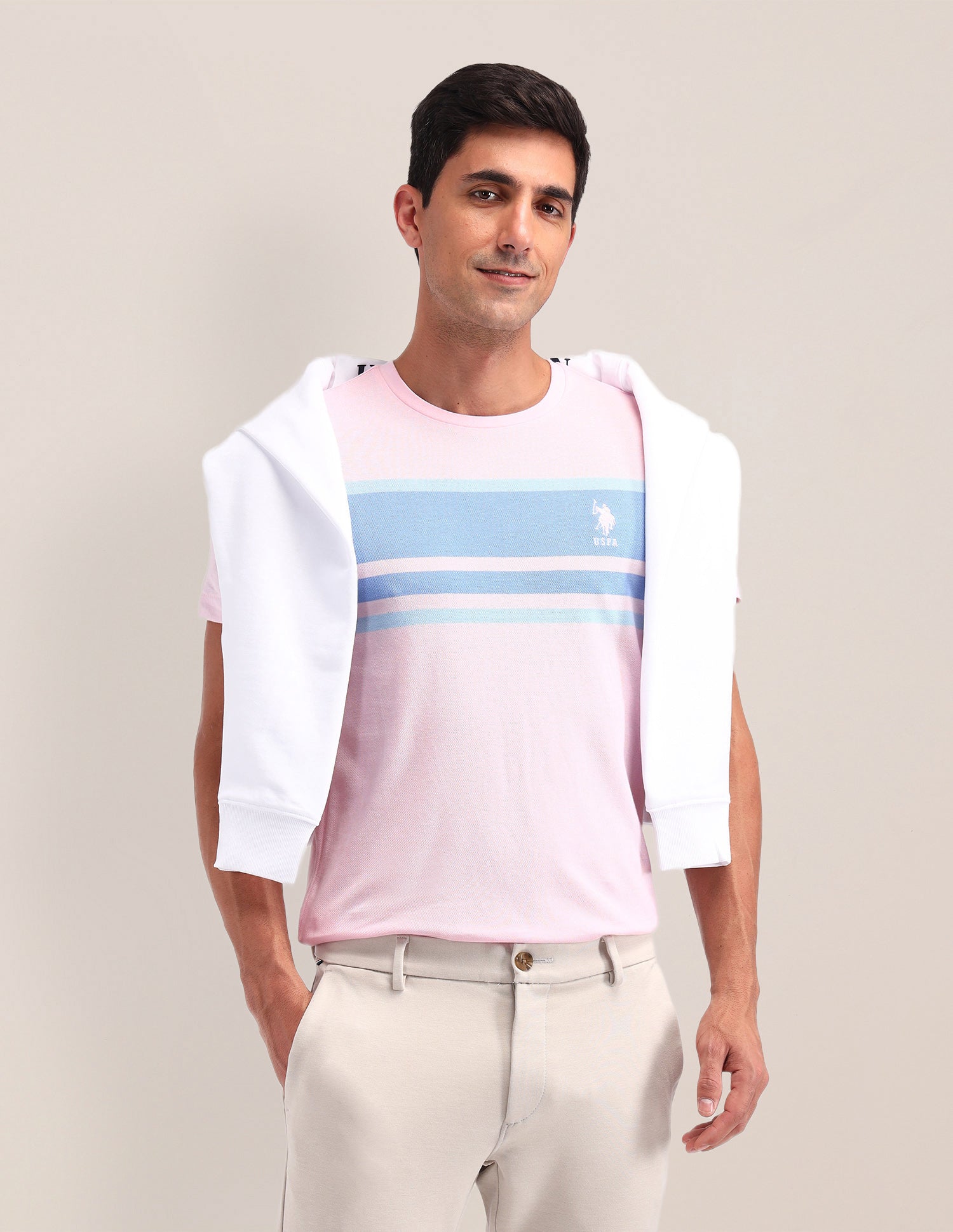 Horizontal Striped Slim Fit T-Shirt Pink - U.S. Polo Assn. India | Large