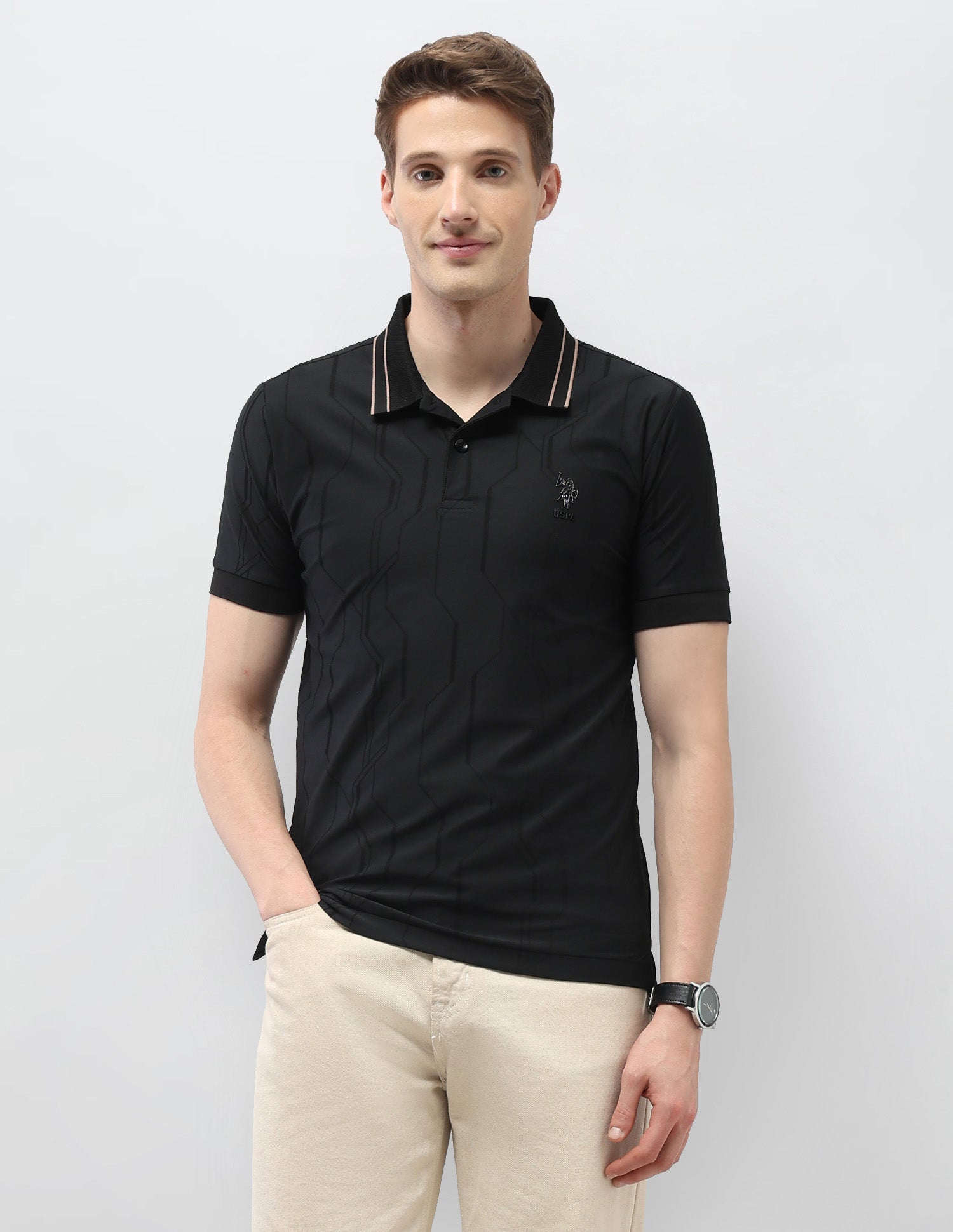 Textured Geometric Slim Fit Black & Gold Polo Shirt