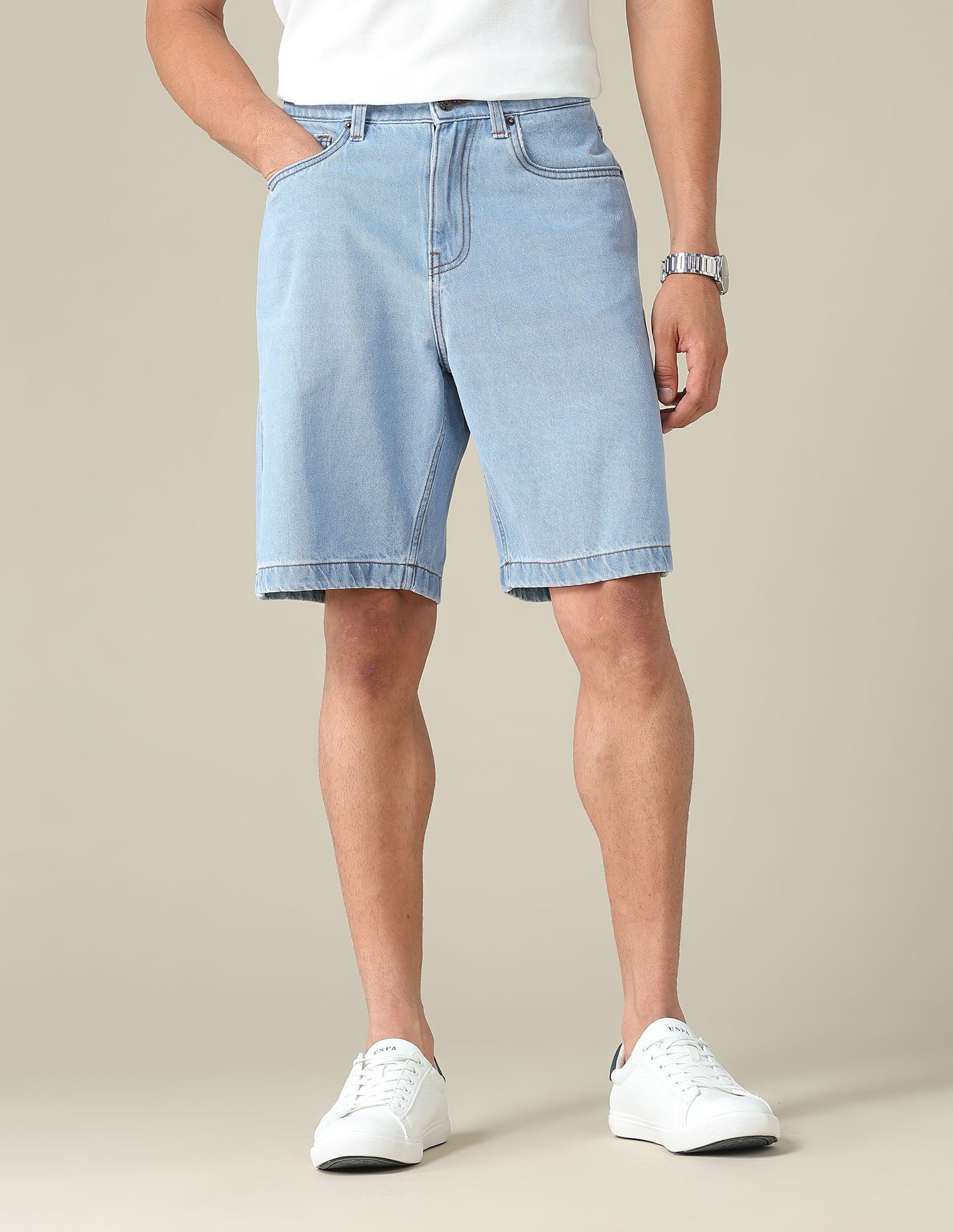 Mid Rise Solid Denim Shorts