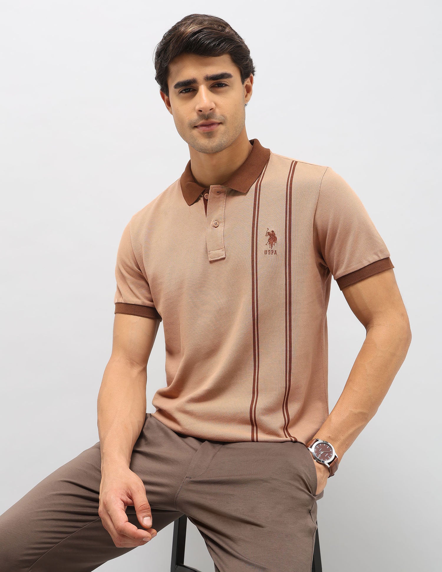 Vertical Striped Slim Fit Polo Shirt Beige - U.S. Polo Assn. India | Large