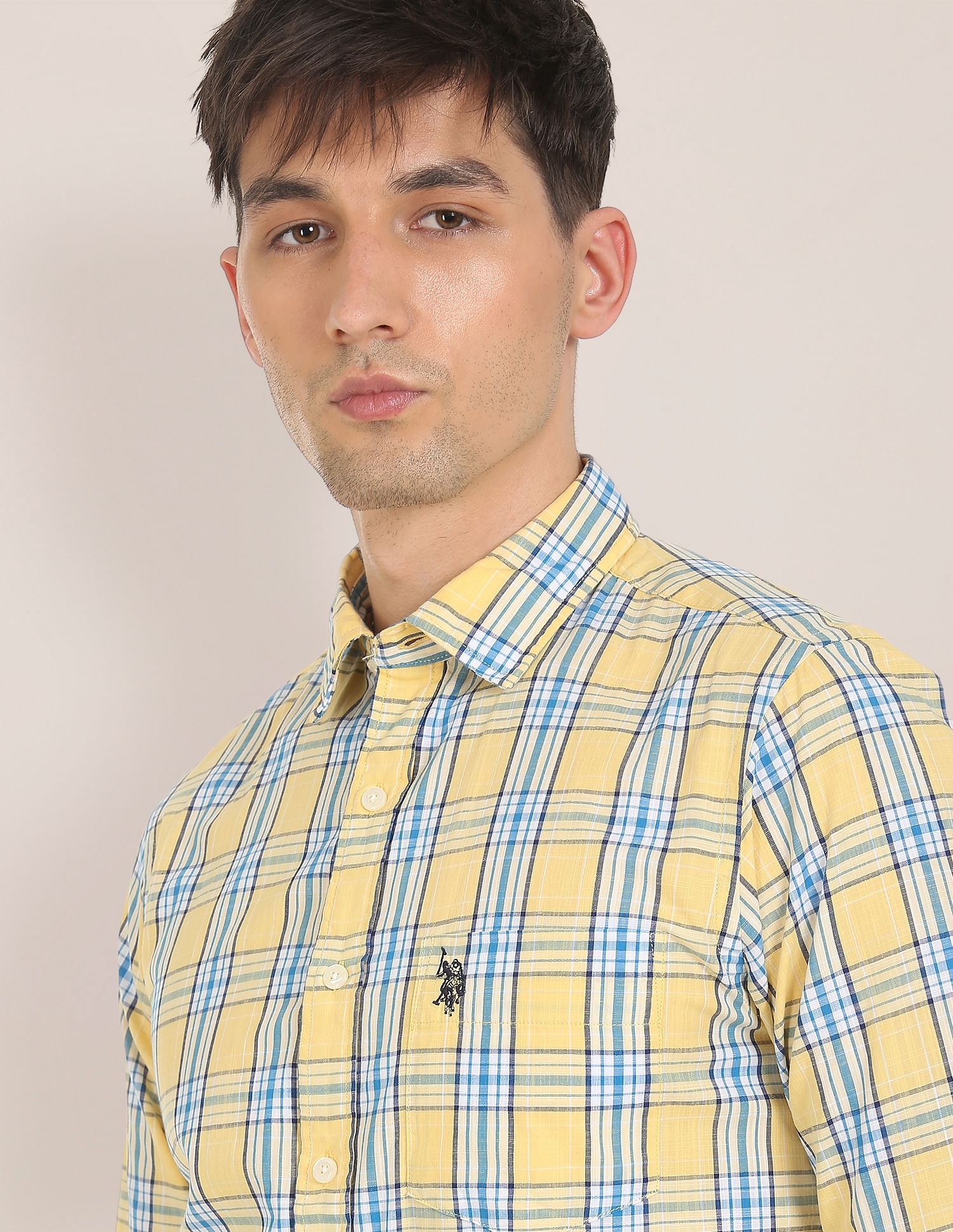 Men Yellow Spread Collar Check Cotton Casual Shirt Yellow - U.S. POLO ASSN. | Large