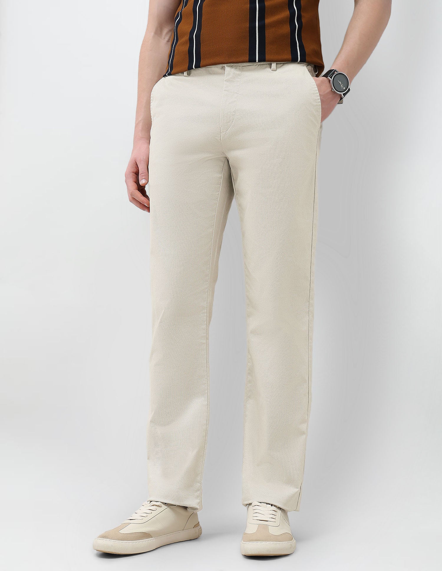 Textured Riley Straight Fit Trousers Beige - U.S. Polo Assn. India | Large