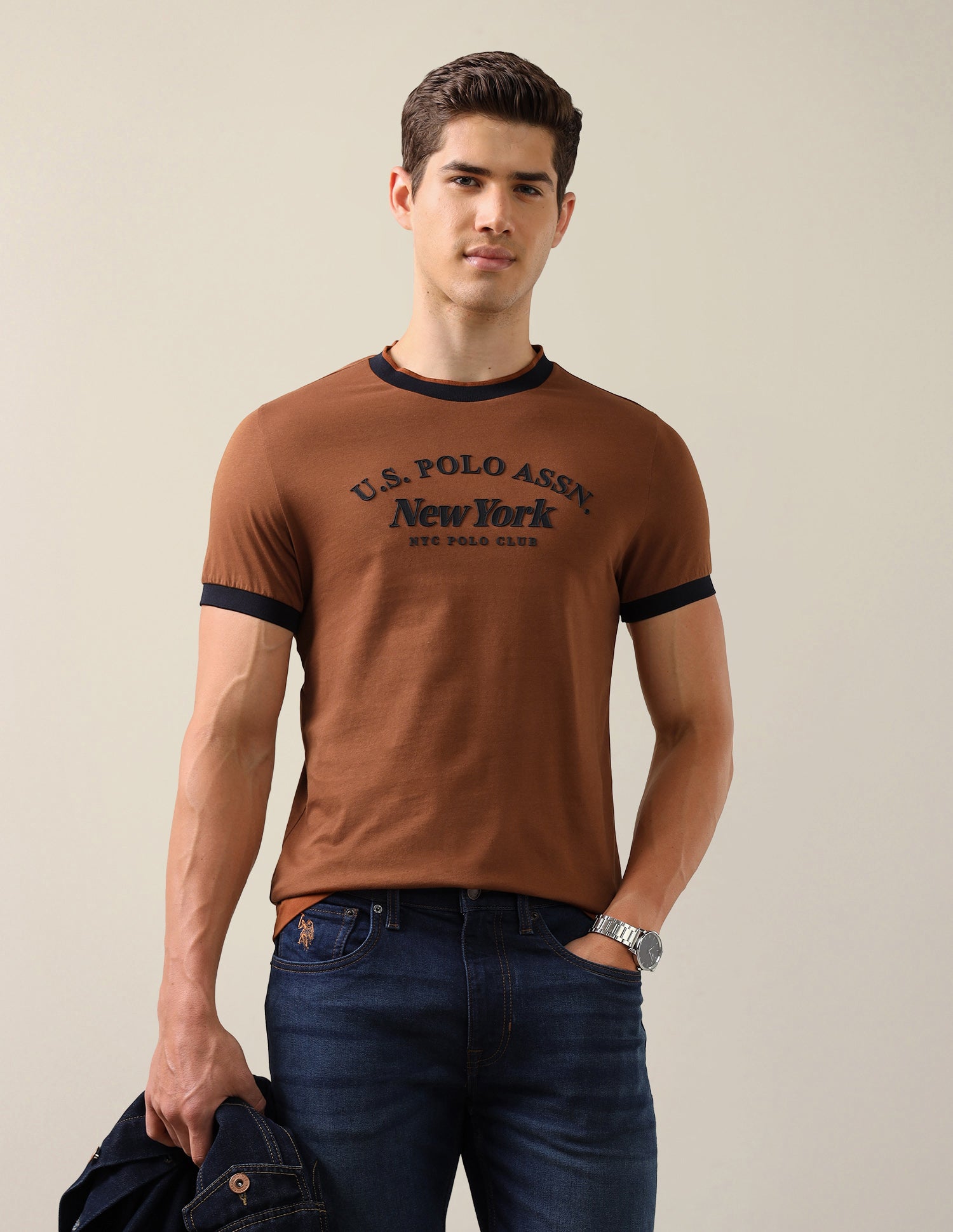 Brand Embossed Slim Fit T-Shirt Brown - U.S. Polo Assn. India | Large