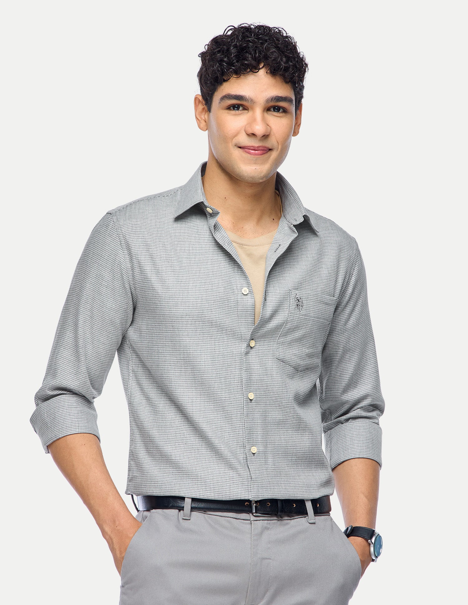 Houndstooth Printed Twill Shirt Light Grey - U.S. Polo Assn. India | Large