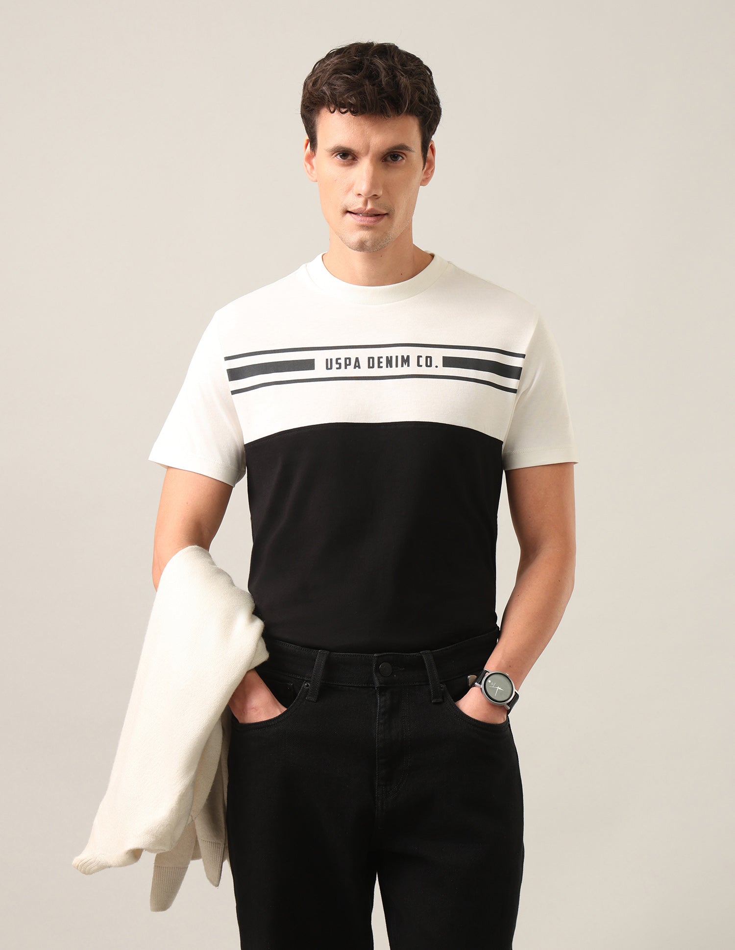 Colourblocked Regular Fit T-Shirt Ivory - U.S. Polo Assn. India | Large